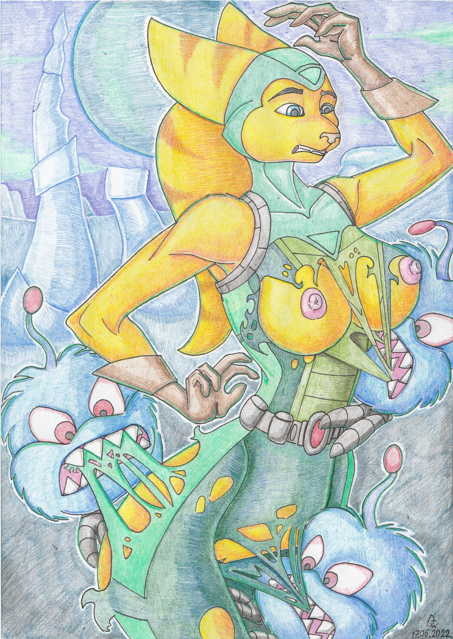 2022 angela_cross_(ratchet_and_clank) anthro areola belt big_breasts blue_eyes breasts clothing dirty-wolf eyebrows female fur genitals gloves graphite_(artwork) handwear hi_res lombax mammal nipples pencil_(artwork) protopet_(ratchet_and_clank) pussy ratchet_and_clank sharp_teeth sony_corporation sony_interactive_entertainment stripes teeth torn_clothing traditional_media_(artwork) video_games yellow_body yellow_fur