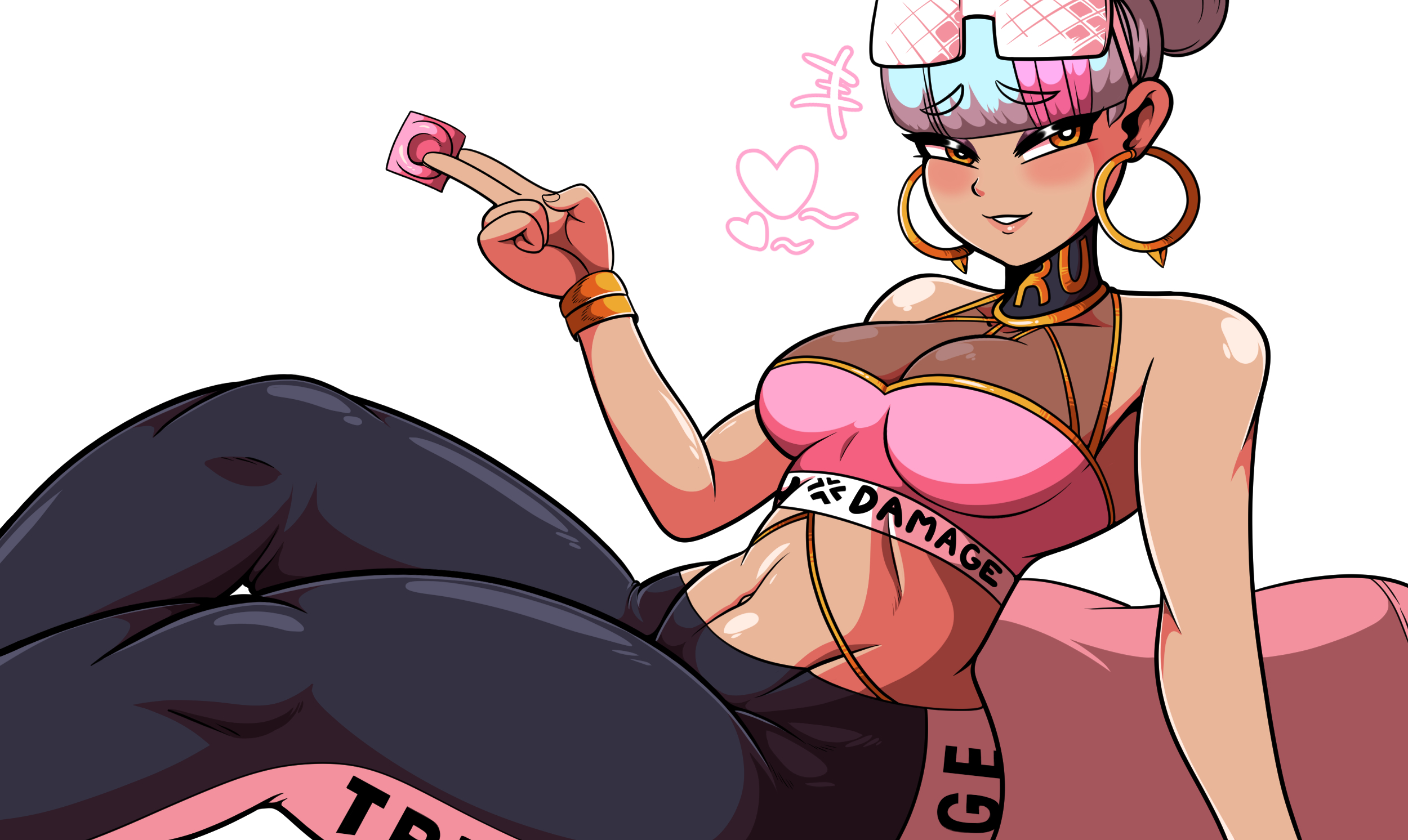 1girls, bbumbbum, blush, brown skin, brown-skinned female, condom, dark skin, dark-skinned female, female, heart, hoop earrings, league of legends, multicolored hair, qiyana yunalai, riot games, solo, straight hair, streetwear, tight clothing, true damage qiyana, true damage series, two-tone hair, yoga pants