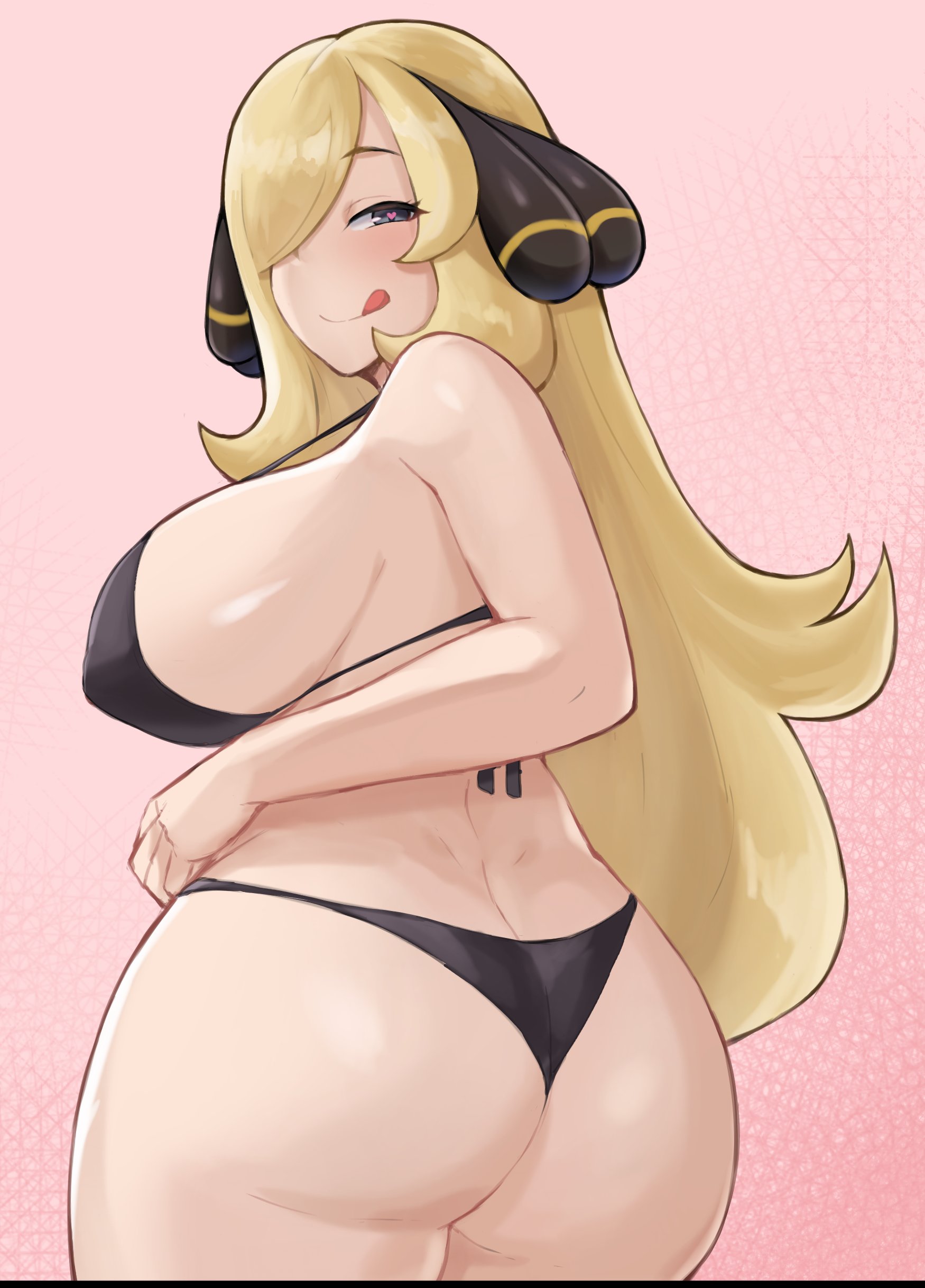 1girls, 2022, alternate breast size, artsheops, ass, bikini, black bikini, blonde hair, breasts, cynthia (pokemon), female, female only, hair ornament, hair over one eye, heart-shaped pupils, hi res, hips, huge ass, huge breasts, large breasts, licking lips, long hair, looking at viewer, naughty face, nintendo, pokemon, pokemon dppt, sideboob, slim waist, suggestive look, thick thighs, thighs, tongue, tongue out, wide hips