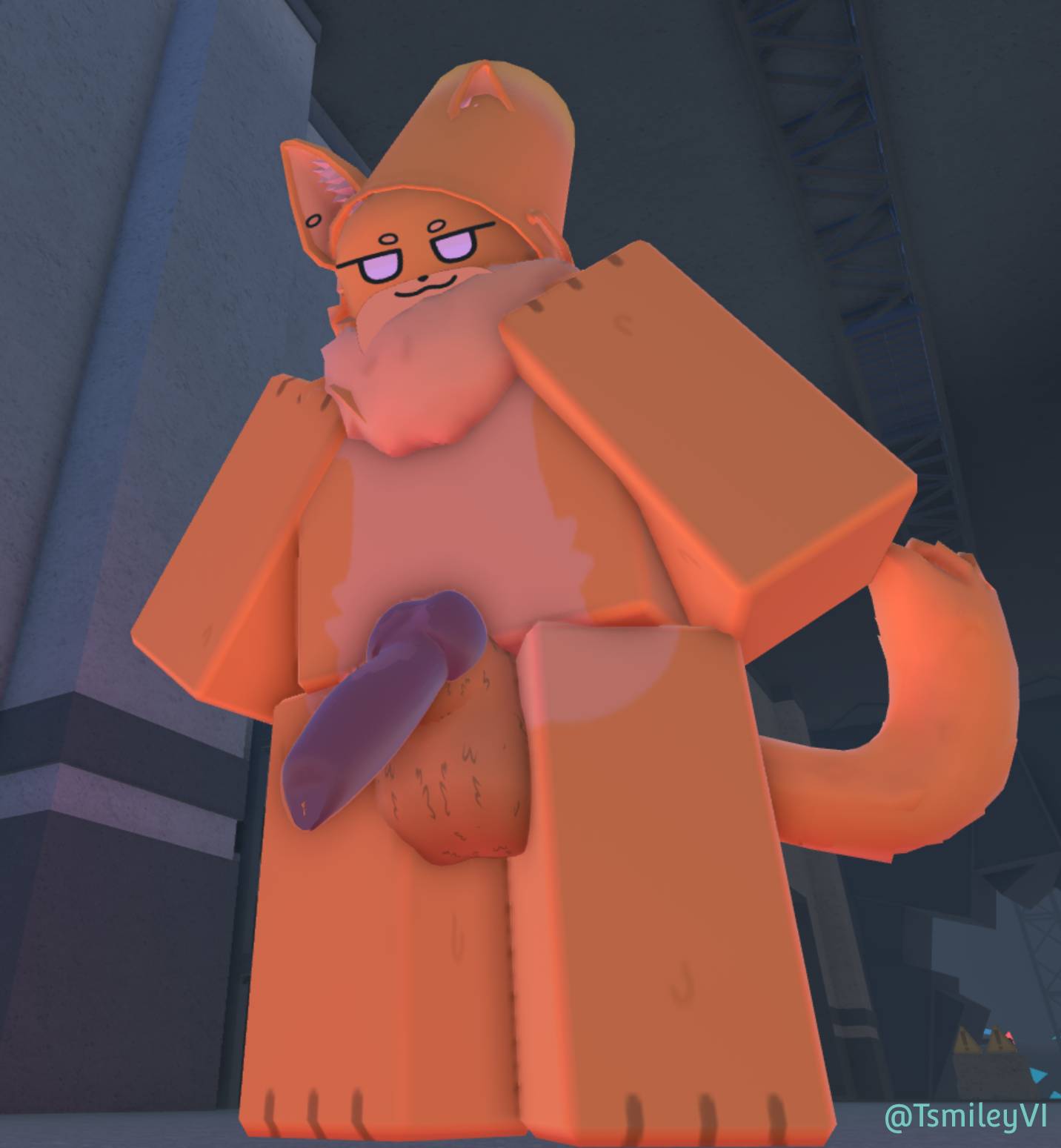 1boy 3d anthro balls catte_(kaiju_paradise) furry kaiju_paradise looking_at_viewer male orange_fur penis roblox roblox_game smug tagme tsmiley twitter_username watermark