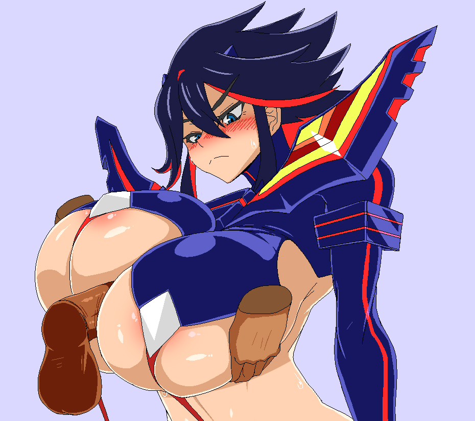 1boy, 1girls, big breasts, black hair, blue eyes, breast grab, breast squeeze, breasts, disembodied hand, disembodied hands, disembodied penis, female, huge breasts, kill la kill, large breasts, male, matoi ryuuko, multicolored hair, paizuri, penis, perpendicular paizuri, red highlights, senketsu, short hair, titfuck, titjob, yagal
