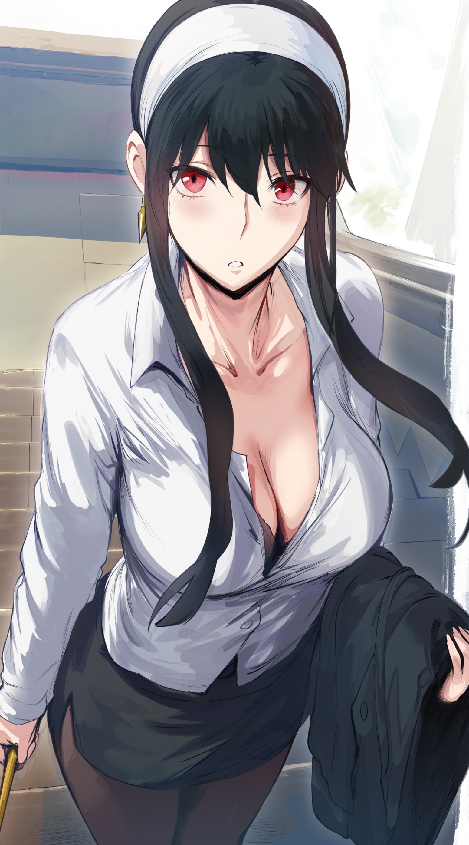 assassin, big breasts, bra peek, breasts, clevage, deep cleavage, female, fully clothed, hews hack, large breasts, light skin, light-skinned female, looking at viewer, microskirt, miniskirt, office lady, pencil skirt, red eyes, skirt, solo, solo female, solo focus, spy x family, stiletto (weapon), stockings, thorn princess, tights, white shirt, yor briar, yor forger