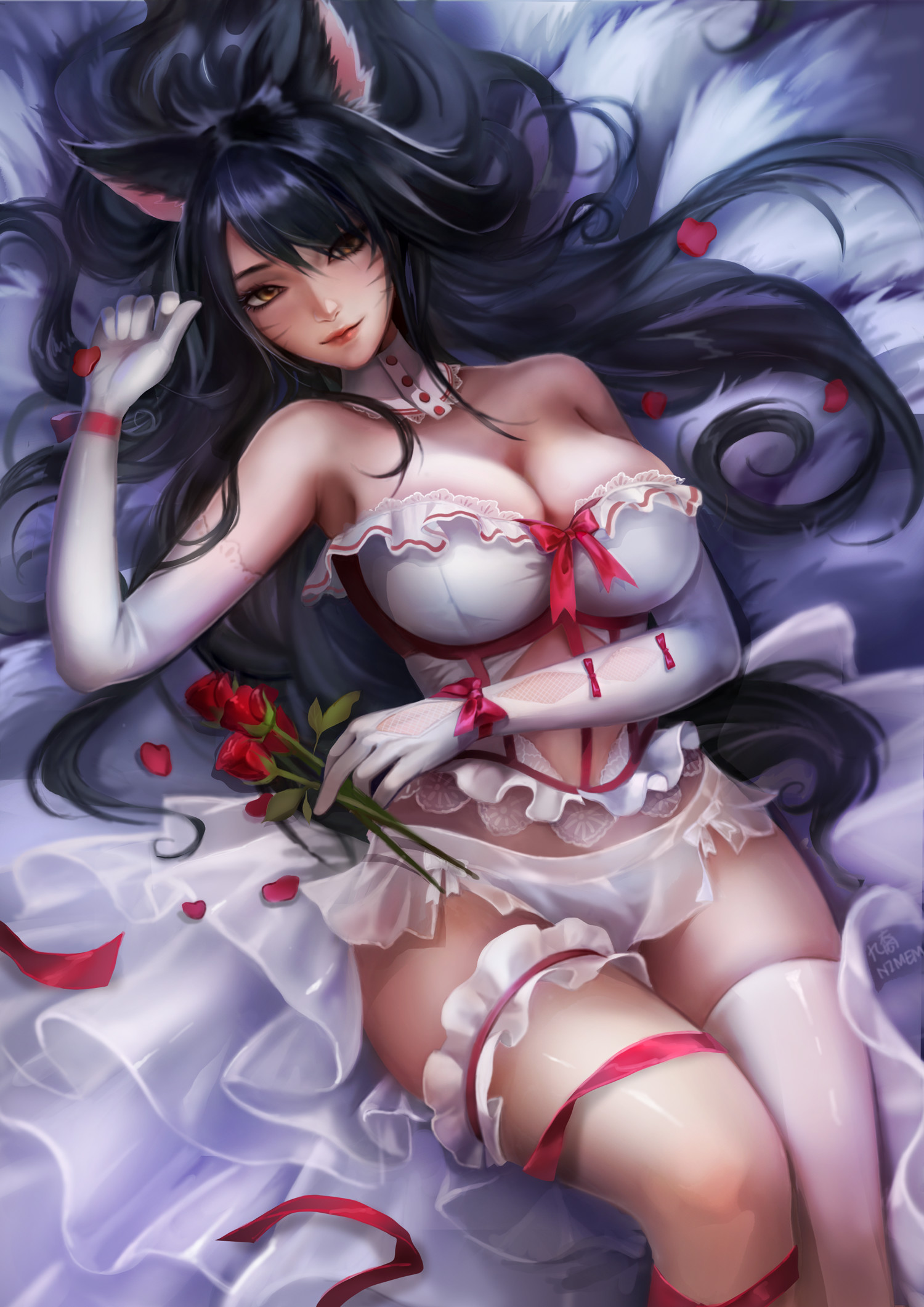 9thmonster, ahri, animal ear fluff, animal ears, animal girl, big breasts, black hair, breasts, bride, busty, child bearing hips, cleavage, clothing, curvaceous, curves, curvy, curvy body, curvy female, curvy figure, curvy hips, eyelashes, eyeliner, eyeshadow, facial markings, female, female only, fluffy, fluffy ears, fluffy tail, fluffy tails, fox, fox ears, fox girl, fox tail, furry tail, glistening, glistening body, glistening breasts, glistening hair, glistening skin, hips, hourglass figure, huge breasts, humanoid, inner ear fluff, kemonomimi, kitsune, large breasts, league of legends, light skin, light-skinned female, lips, lipstick, long hair, multi tail, nine tailed fox, pale skin, pale-skinned female, riot games, tail, thick thighs, thighs, vastaya, video games, voluptuous, wedding, wedding dress, wide hips, yellow eyes