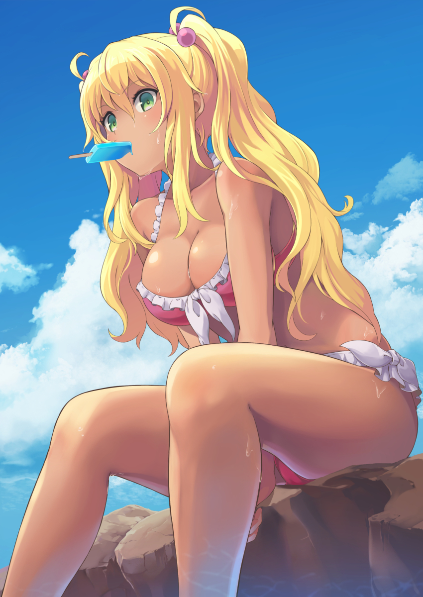 1girls, big breasts, bikini, blonde hair, breasts, cameltoe, dark skin, dark-skinned female, dumbbell nan kilo moteru?, female, female only, popsicle, pussy, sakura hibiki, solo, thick thighs