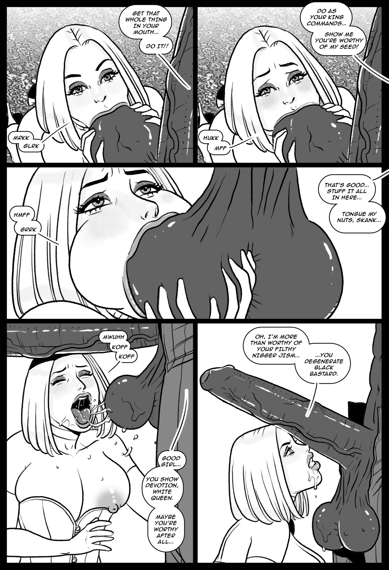 1boy, 1girls, all fours, ass, balls, belly button, belly expansion, black and white, blonde hair, breasts, breasts out, bubble ass, bubble butt, cameltoe, cape, choking on cock, cock slap, cock worship, comic page, corset, curvy, curvy female, dark skin, dark-skinned male, deepthroat, emma frost, exaggerated anatomy, face fucking, female, female penetrated, gagged speech, gagging noise, hellfire club, high heels, hourglass figure, huge ass, huge balls, huge breasts, huge butt, huge cock, interracial, licking cum, licking penis, lingerie, male, maledom, marvel, marvel comics, mascara, mascara tears, on knees, original character, panties, pegasus (artist), penis, pussy, racism, shaka shaw, speech bubble, submissive female, the black king, the n word, thong, thong panties, tongue, tongue out, white queen, wine glass, x-men