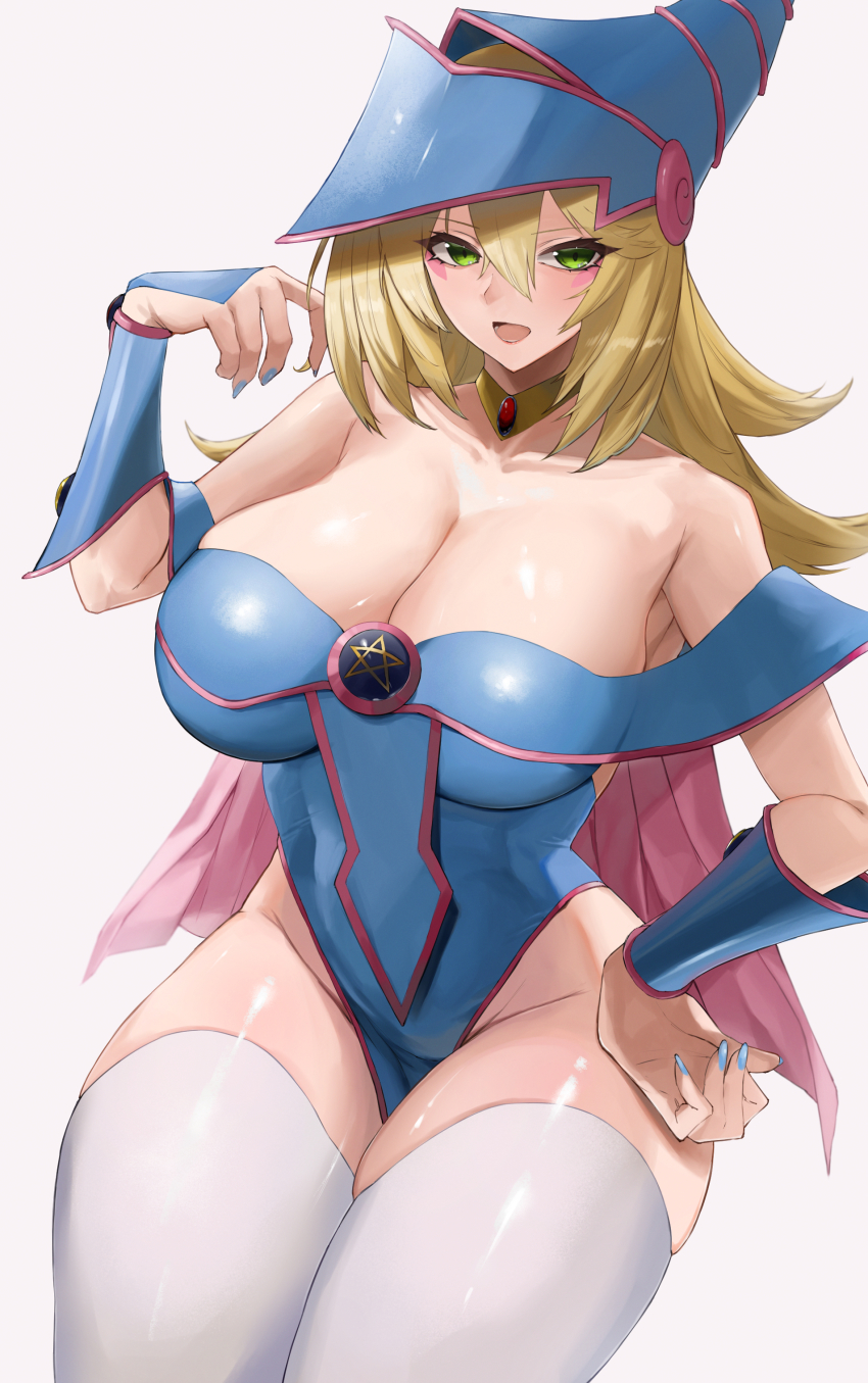 bangs, bare shoulders, blonde hair, blue nails, bracer, breasts, cleavage, dark magician girl, duel monster, female, green eyes, hair between eyes, huge breasts, kataku musou, long hair, looking at viewer, magical girl, off shoulder, open mouth, thick thighs, thighhighs, thighs, uncensored, white panties, white stockings, witch, witch hat, wizard hat, yu-gi-oh!, yu-gi-oh! duel monsters