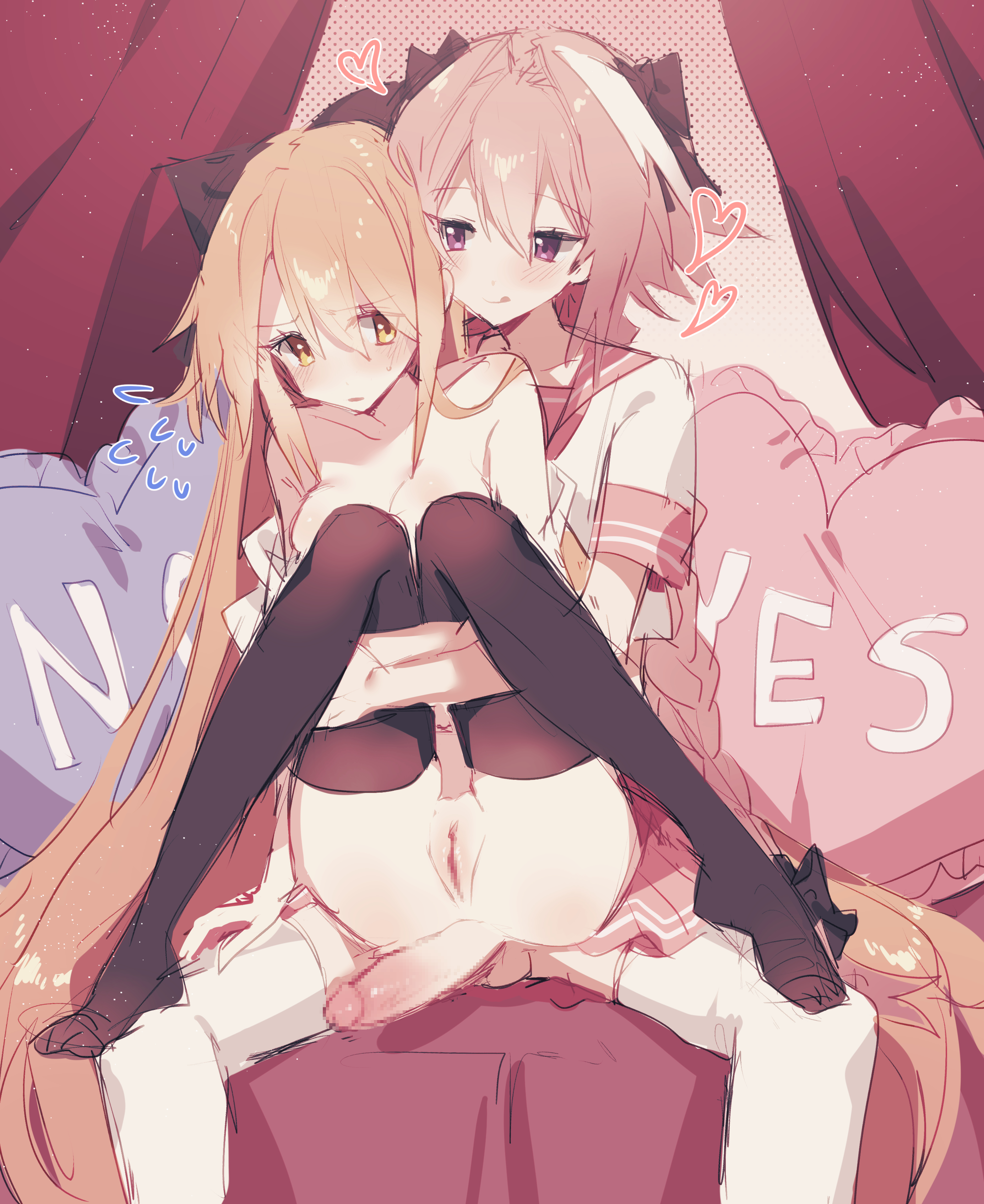 1boy, 1girls, astolfo (fate), balls, black legwear, breasts, clothing, erection, fate (series), female, femboy, femboy on female, imminent sex, koyashaka, legwear, male, original character, penis, straight, testicles, white legwear