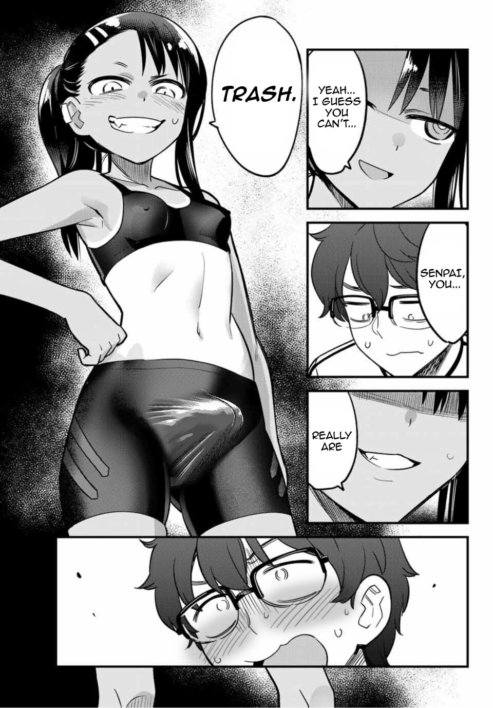 1boy, 1futa, 774 (nanashi), blush, breasts, bulge, clothed, clothing, comic, dialogue, edit, erect nipples, erection, erection under clothes, fully clothed, futa focus, futanari, hayase nagatoro, human, intersex, male, monochrome, naoto hachioji (senpai), nervous, nipples, penis, please don't bully me, nagatoro, smile, standing, sweat, text, tight clothing, viewed from below, workout clothes