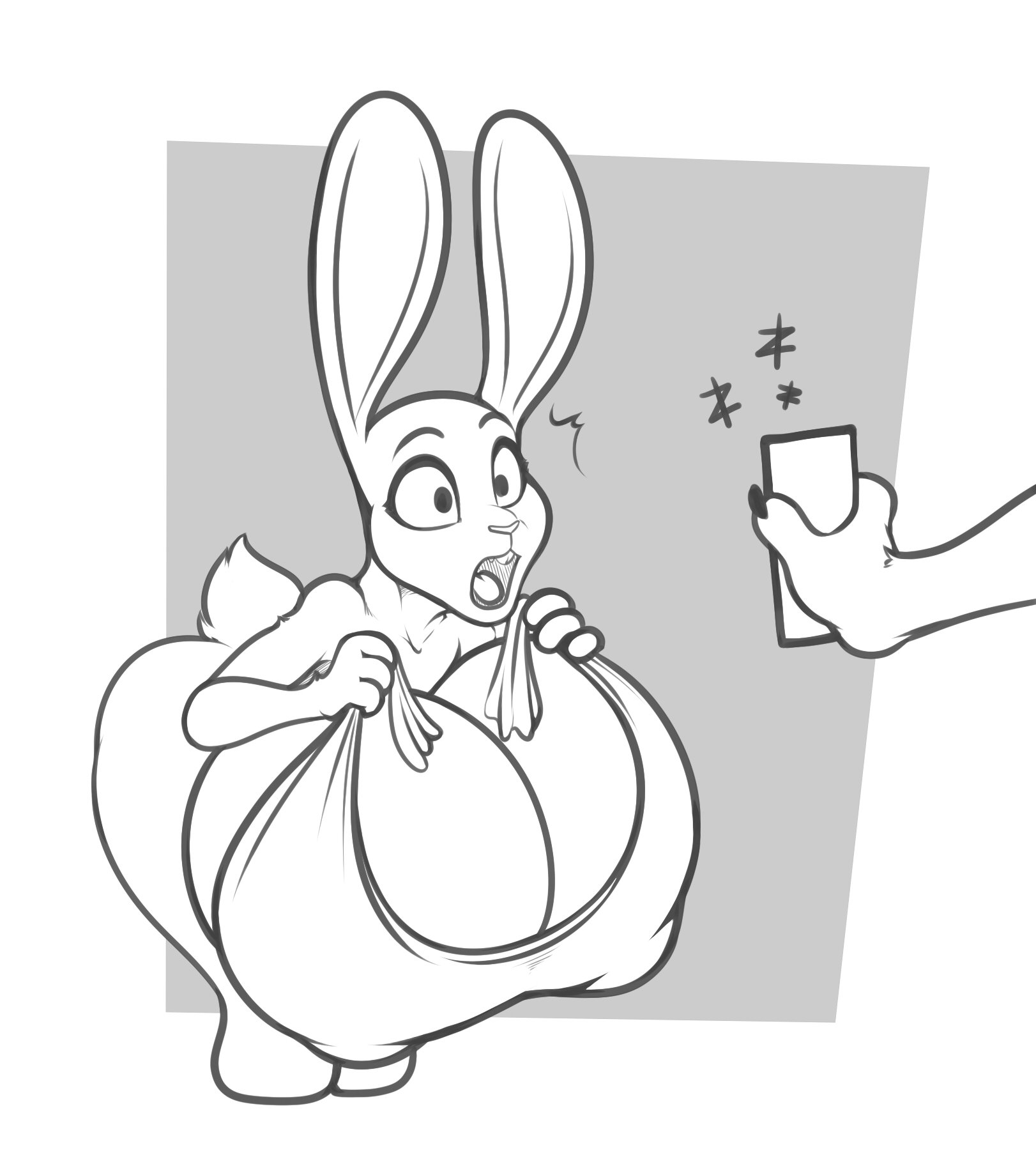 1girls, anthro, anthro only, anthrofied, bare shoulders, bent over, big breasts, breasts, cleavage, clothed, clothes, clothing, disney, duo, eyebrows, eyelashes, female, freckles (artist), gigantic breasts, hi res, hips, holding object, holding phone, huge breasts, humanoid, hyper, hyper breasts, judy hopps, lagomorph, large breasts, leporid, looking at object, looking at phone, mammal, monochrome, nipple outline, offscreen character, open mouth, phone, rabbit, thick, thick thighs, thighs, top heavy, wide hips, zootopia