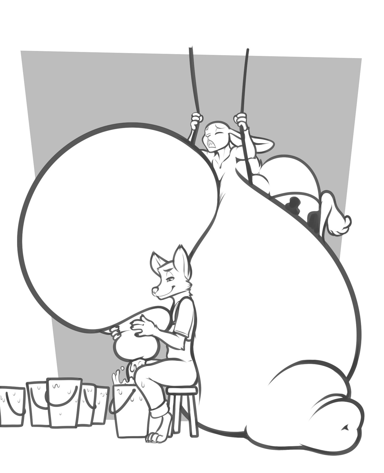 alternate breast size, animal print, anthro, anthro only, anthrofied, areola, bare shoulders, barefoot, big areola, big breasts, big nipples, bodily fluids, breast milking, breasts, bucket, canid, canine, clothed, clothes, clothing, container, cow print, disney, duo, female, fox, freckles (artist), furniture, gigantic breasts, half-closed eyes, hi res, hips, huge breasts, humanoid, hyper, hyper breasts, judy hopps, lactating, lactation, lagomorph, large breasts, leggings, legwear, leporid, male, mammal, milk, monochrome, naked, narrowed eyes, nick wilde, nipples, nude, nude female, nudity, open mouth, overalls, puffy areola, puffy nipples, rabbit, shirt, sitting, smile, stool, suspension, thick, thick thighs, thighs, top heavy, topwear, wide hips, zootopia
