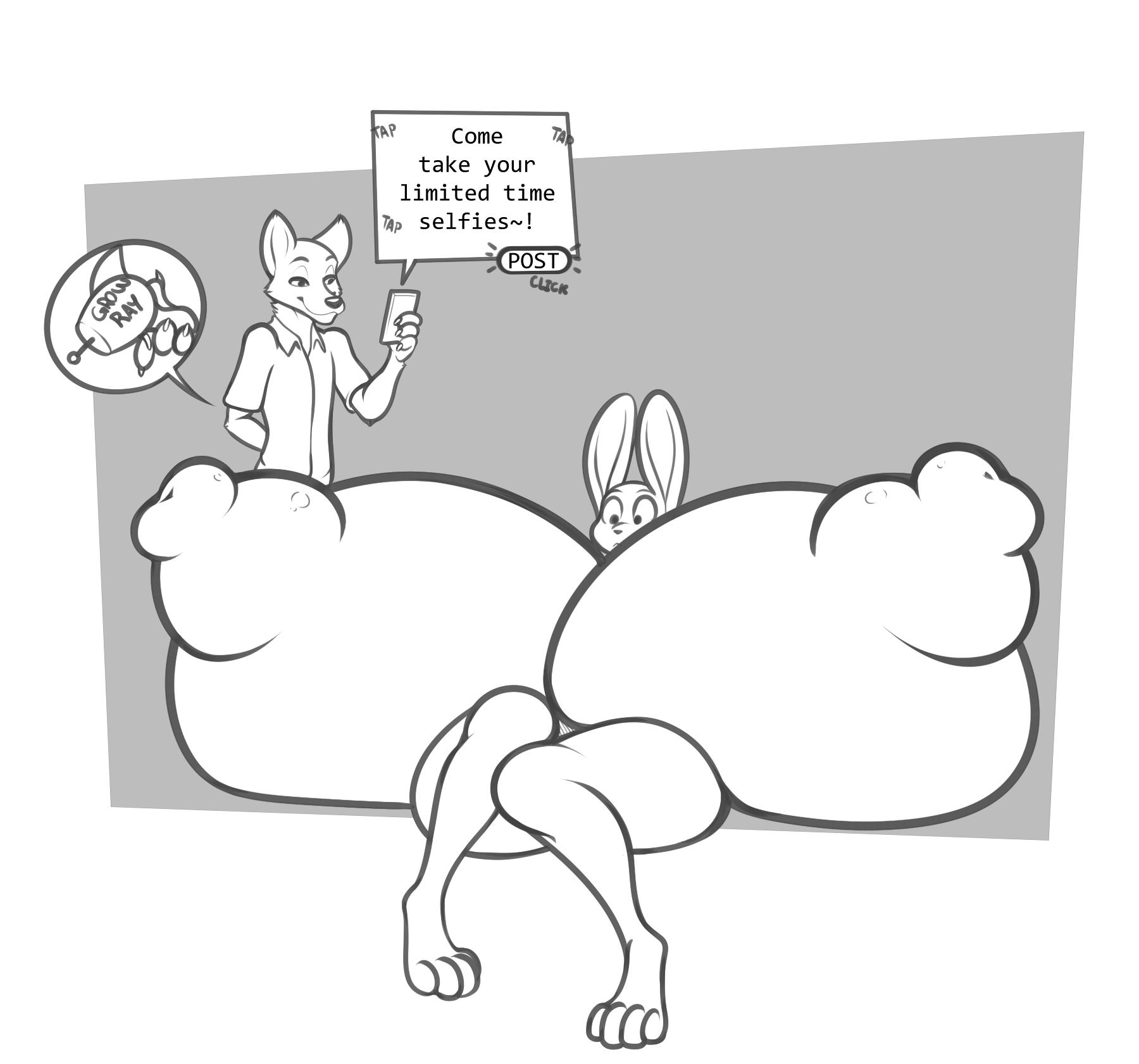 1girls, anthro, anthro only, anthrofied, areola, barefoot, big areola, big breasts, big nipples, breasts, canid, canine, clothed, clothes, clothing, disney, duo, english text, eyebrows, female, fox, freckles (artist), full body, gigantic breasts, hand behind back, hi res, hips, holding object, holding phone, huge breasts, humanoid, hyper, hyper breasts, judy hopps, lagomorph, large breasts, leporid, male, mammal, monochrome, naked, nick wilde, nipples, nude, nude female, nudity, phone, puffy areola, puffy nipples, rabbit, ray gun, shirt, sitting, smile, text, thick, thick thighs, thighs, topwear, wide hips, zootopia