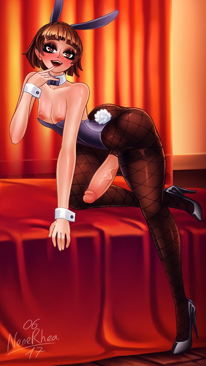 1futa, 9:16, all fours, areolae, balls, big penis, breasts, brown hair, bunnysuit, clothed, clothing, erect penis, erection, futa only, futanari, high heels, human, intersex, light skin, looking at viewer, makoto niijima, mostly clothed, nenerhea, nipples, pantyhose, penis, penis out, persona, persona 5, playboy bunny, short hair, solo