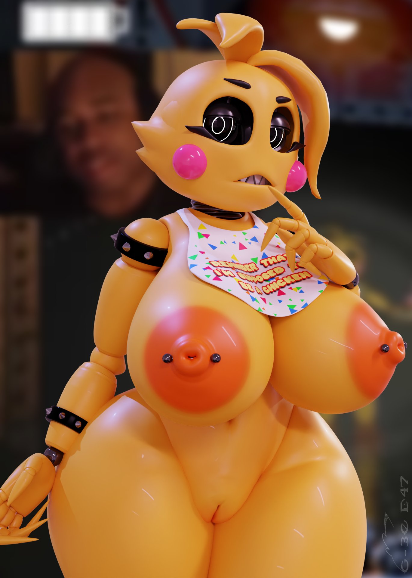3d, 3d (artwork), background, big breasts, breasts, female, five nights at freddy's, five nights at freddy's 2, furry, furry only, geodat64, heartbreak chica (geodat64), innie pussy, male, nipple piercing, nipples, piercing, pussy, solo, spiked bracelet, thick thighs, toy chica (fnaf)