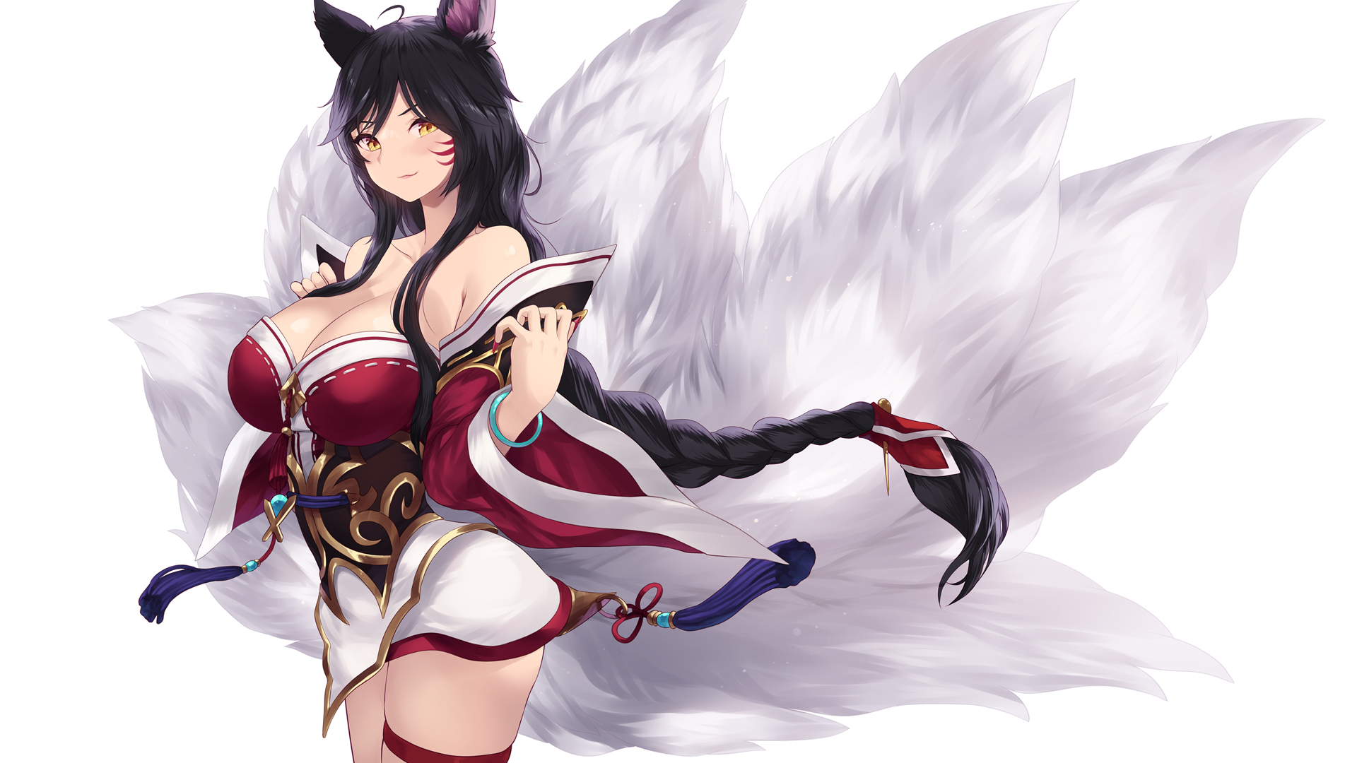 ahri, animal ear fluff, animal ears, animal girl, big breasts, black hair, breasts, busty, cait, cait aron, child bearing hips, cleavage, clothing, curves, curvy, curvy body, curvy female, curvy figure, curvy hips, eyelashes, eyeliner, eyeshadow, facial markings, female, female only, fluffy, fluffy ears, fluffy tail, fluffy tails, fox, fox ears, fox girl, fox tail, furry tail, glistening, glistening body, glistening breasts, glistening hair, glistening skin, grin, hips, hourglass figure, huge breasts, humanoid, inner ear fluff, kemonomimi, kitsune, large breasts, league of legends, light skin, light-skinned female, long hair, multi tail, nine tailed fox, pale skin, pale-skinned female, pose, posing, riot games, simple background, smile, smiling, smiling at viewer, sole, sole female, suggestive, suggestive look, suggestive pose, tail, thick thighs, thighs, vastaya, video games, voluptuous, wide hips, yellow eyes
