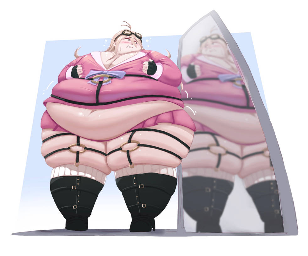 bbw belly breasts_bigger_than_head danganronpa danganronpa_v3 ekusupanshon fat fat_woman groping huge_belly hyper_ass hyper_breasts iruma_miu mirror obese obese_female overweight overweight_female straight_hair thick_thighs wardrobe_malfunction weight_gain