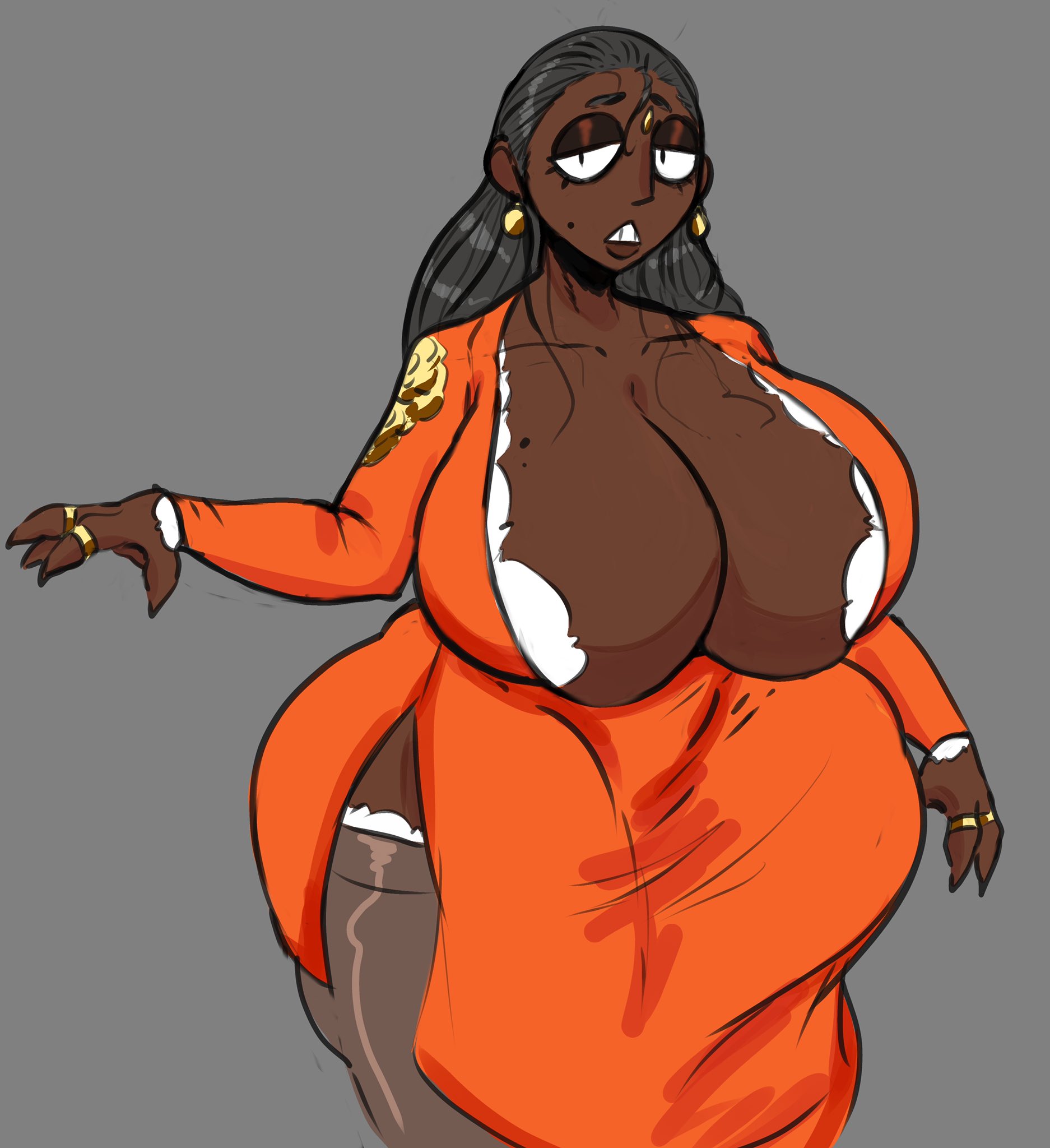 1girls, beauty mark, big breasts, bindi, breasts, cleavage, dark skin, dark-skinned female, dress, earrings, female, female only, gold earrings, gold jewelry, gold ring, grey hair, huge breasts, indian, indian female, long hair, mature, mature female, orange dress, repomorame, ring, solo, solo female, solo focus, stockings, thigh high socks, wide hips