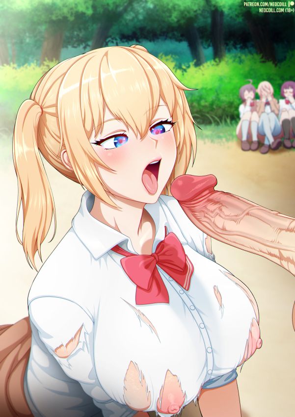 1boy 4girls amatani_mutsu blonde_hair blue_eyes blurry blurry_background bow bowtie breasts button_gap day half-closed_eyes huge_breasts kneeling kujou_shion looking_at_another looking_up multiple_girls neocoill nipples onishima_homare open_mouth oral_invitation outdoors penis school_uniform shirt skirt solo_focus sounan_desuka? suzumori_asuka teeth tongue tongue_out torn_clothes torn_shirt tree twintails upper_teeth