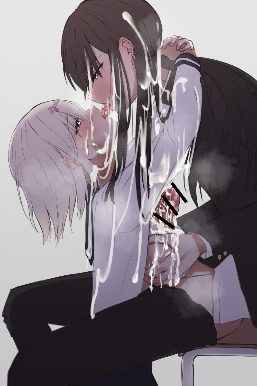 1boy, 1girls, blush, bottomwear, breast grab, breasts, censor bar, censored, clothing, cum, cum on body, cum on breasts, cum on face, cum on self, d coffeer18, dainamaito kohi, erection, female, femboy, femboy on female, heart-shaped pupils, kissing, male, open mouth, paizuri, penis, straight, tongue, tongue out, topwear