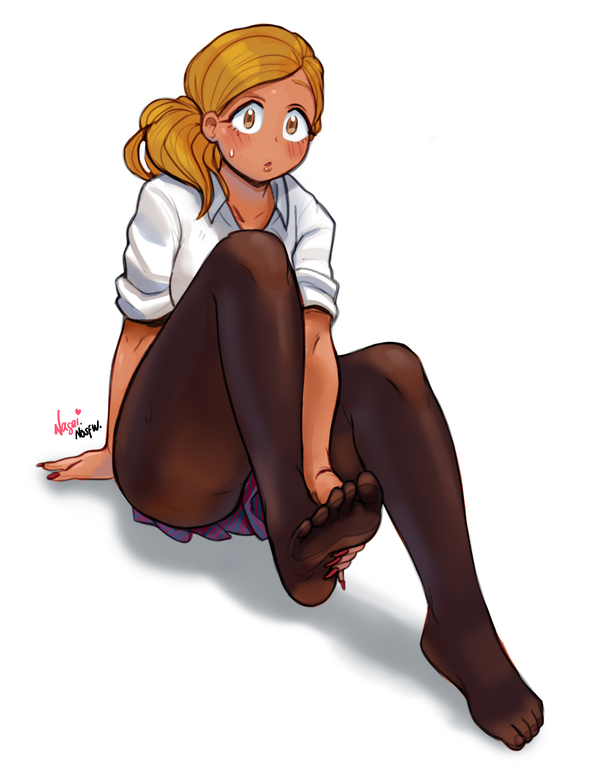 1girls, blonde hair, blush, clothed, clothed female, clothing, dark skin, dark-skinned female, feet, female, grabbing feet, gyaru, komi-san wa komyushou desu, long fingernails, looking at viewer, manbagi rumiko, nagainosfw, pantyhose, school uniform, schoolgirl, schoolgirl uniform, skirt, solo, solo female