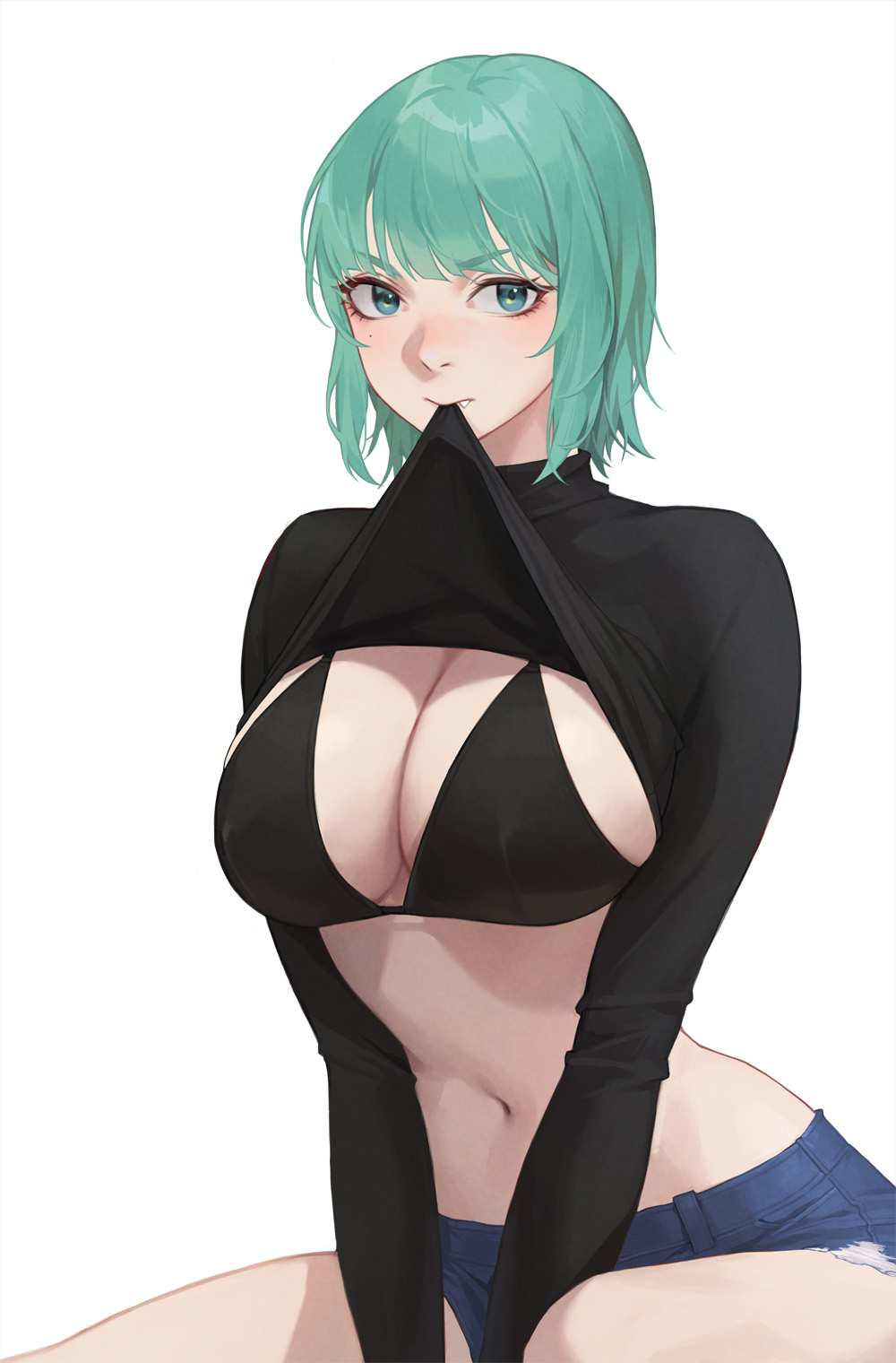 1girls aqua_eyes aqua_hair belly_button black_bra cleavage cocoro_moto female_only flashing long_sleeves presenting_breasts shirt_lift short_hair sitting solo teal_eyes teal_hair teasing white_background