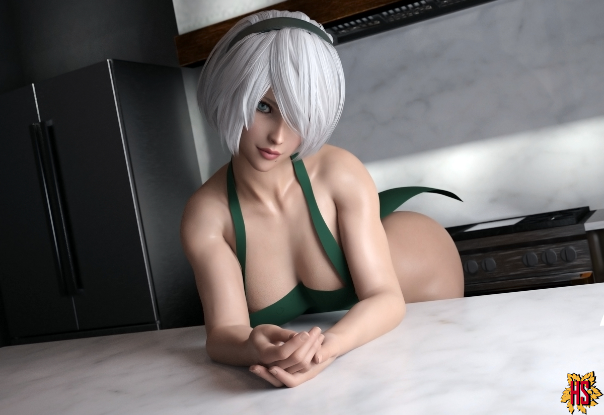 1girls, 3d, apron, big breasts, breasts, cleavage, female, female focus, female only, hagiwara studio, nier, nier: automata, posing, white hair, yorha 2b