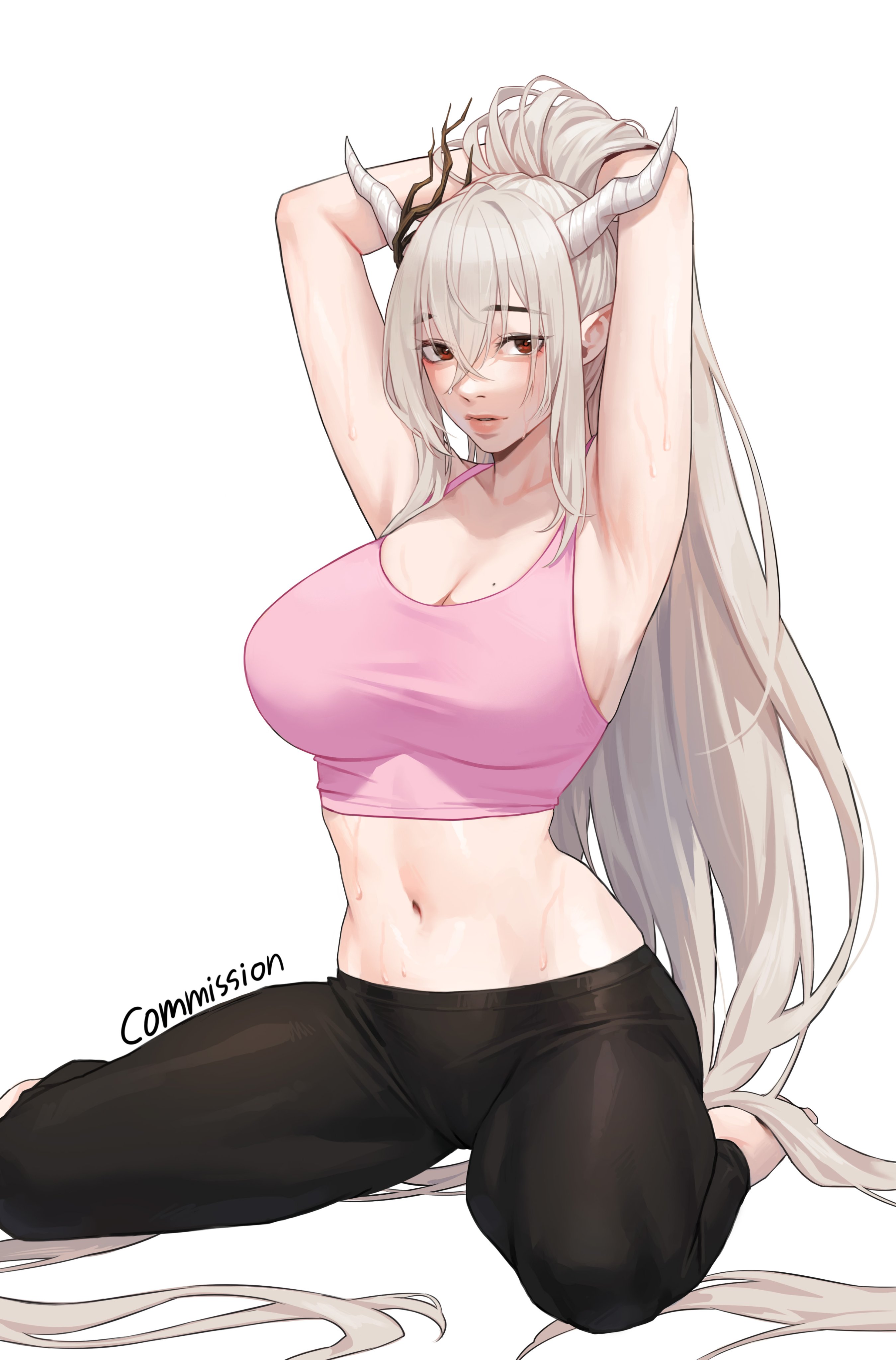 1girls, arknights, arms up, breasts, cleavage, cocoro moto, demon, demon girl, female, horns, kneeling, large breasts, long hair, red eyes, shining (arknights), solo, sportswear, sweat, tank top, white hair