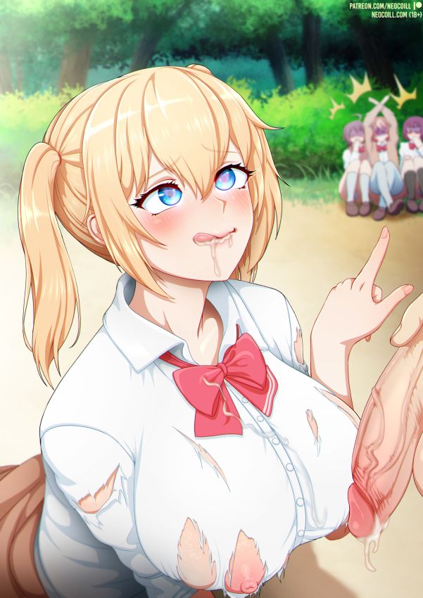 1boy 4girls :q after_ejaculation amatani_mutsu blonde_hair blue_eyes blurry blurry_background bow bowtie breasts button_gap closed_mouth cum_in_mouth day fingernails heart heart-shaped_pupils huge_breasts kneeling kujou_shion looking_at_another multiple_girls neocoill nipples onishima_homare open_mouth oral_invitation outdoors penis pointing_at_another red_bow red_bowtie school_uniform shirt skirt solo_focus sounan_desuka? suzumori_asuka symbol-shaped_pupils tongue tongue_out torn_clothes torn_shirt tree twintails