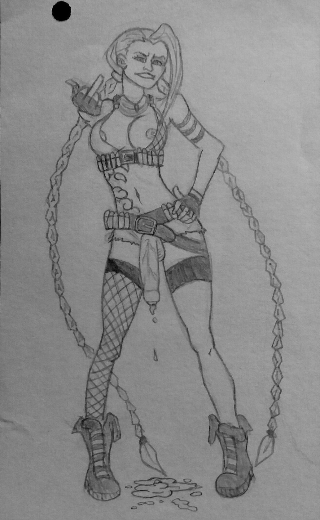 1futa areolae artist_request balls breasts clothed clothing erection futa_only futanari human jinx_(league_of_legends) league_of_legends long_hair middle_finger monochrome mostly_nude nipples penis sketch solo standing tagme traditional_media_(artwork) valmut