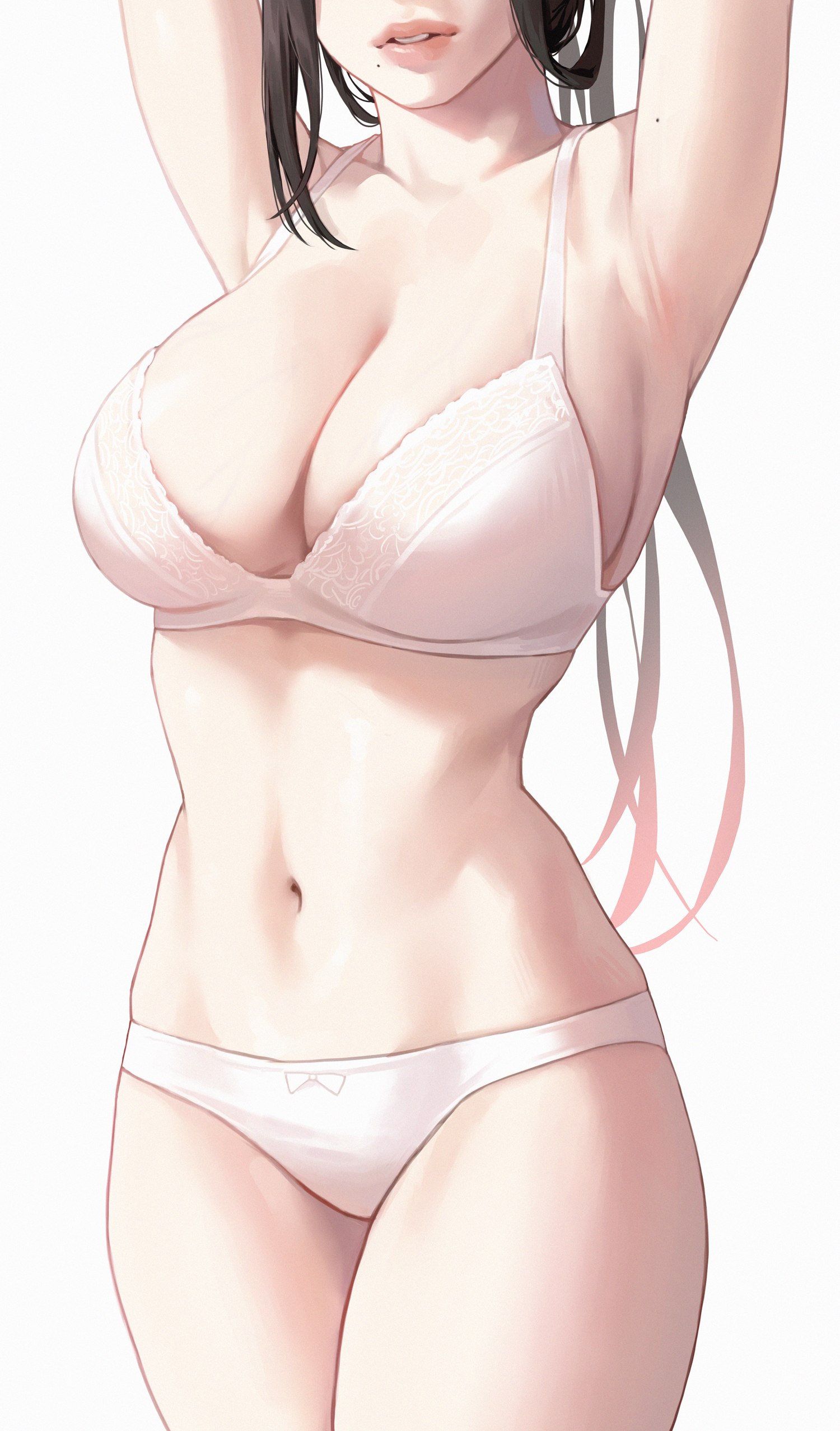 1girls, arms up, big breasts, black hair, breasts, cleavage, cocoro moto, female, head out of frame, large breasts, lingerie, lingerie only, realistic, underwear, white background, white bra, white lingerie, white panties