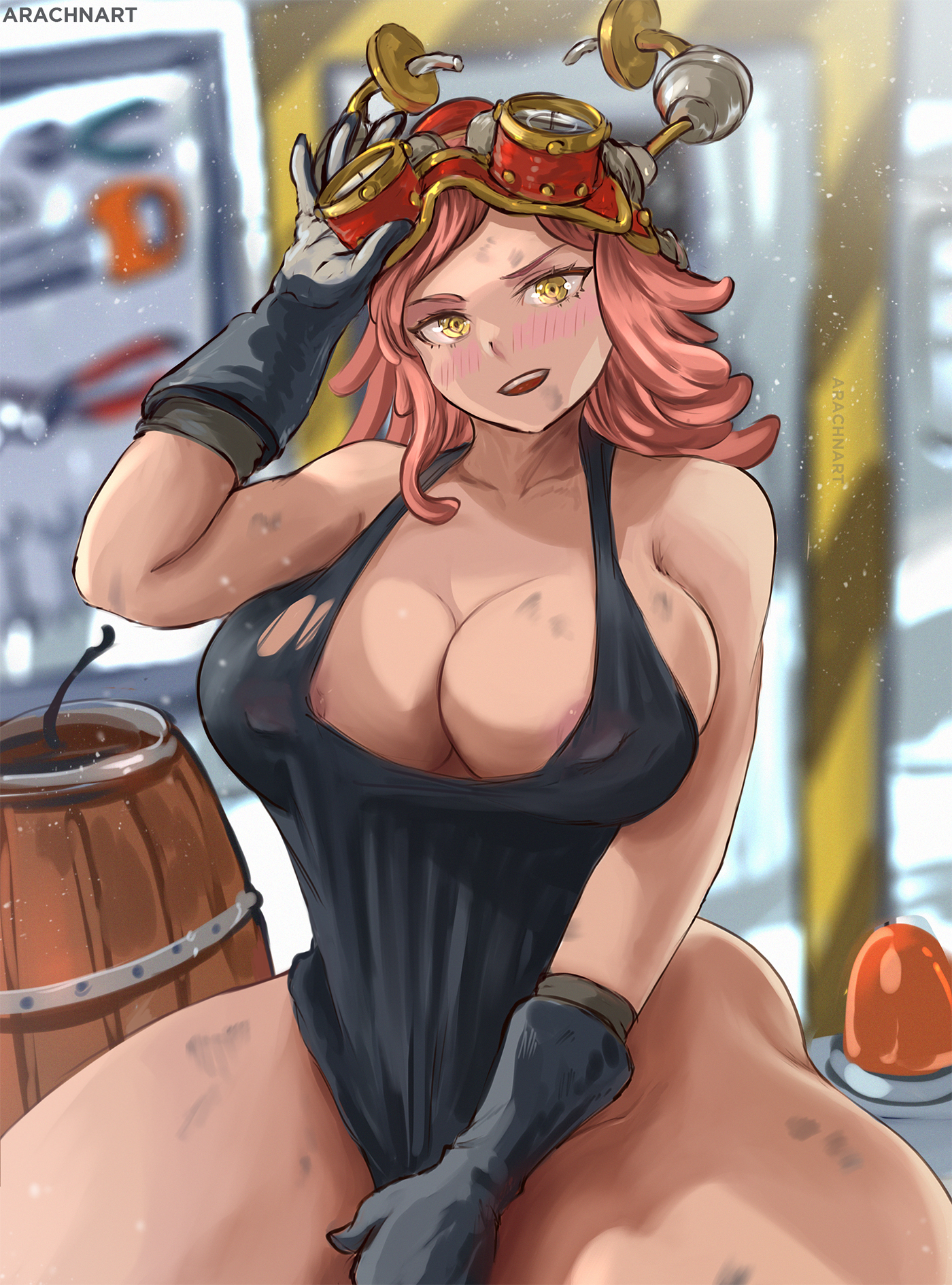 1girls, 2022, arachnart, artist signature, breasts, dirt, female, female only, goggles, goggles on head, hat, hi res, hips, huge breasts, long hair, mei hatsume, my hero academia, pink hair, pink-haired female, sleeveless, slim waist, tank top, thick thighs, thighs, unusual anatomy, unusual eyes, unusual pupils, wide hips, yellow eyes