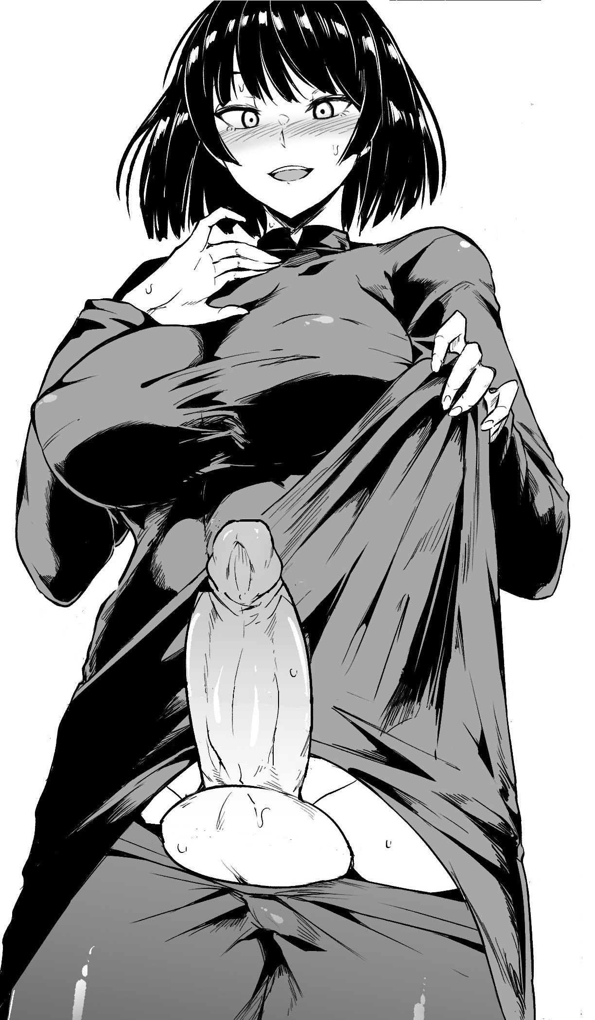 1futa, balls, big breasts, big penis, blush, breasts, clothed, clothing, dress, dress lift, erection, eye contact, fubuki (one-punch man), futa only, futanari, greyscale, human, intersex, looking at viewer, looking down, low-angle view, makin tama, medium hair, monochrome, mostly clothed, nipple bulge, one-punch man, pants, pants down, penis, pov, pov eye contact, short hair, skirt, skirt lift, smile, smiling, smiling at viewer, solo, standing, sweat, sweatdrop, sweating, sweaty, sweaty body, tagme, taker pov, testicles, tight clothing