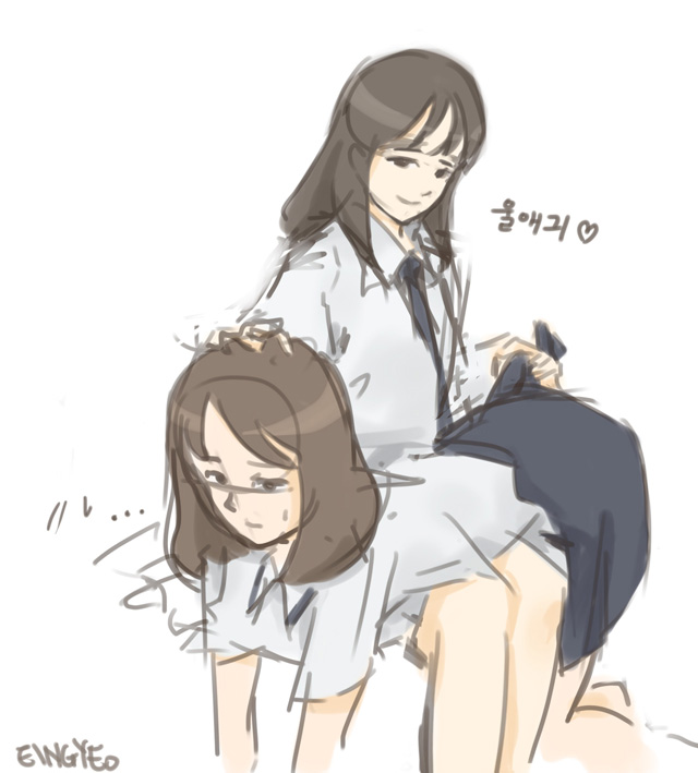 2girls before_spanking black_hair brown_hair dominant_female eingyeo female female_dominating_female female_only femdom femsub over_the_knee over_the_knee_spanking school_uniform schoolgirl schoolgirls skirt smile smiling spanking submissive_female tagme upset