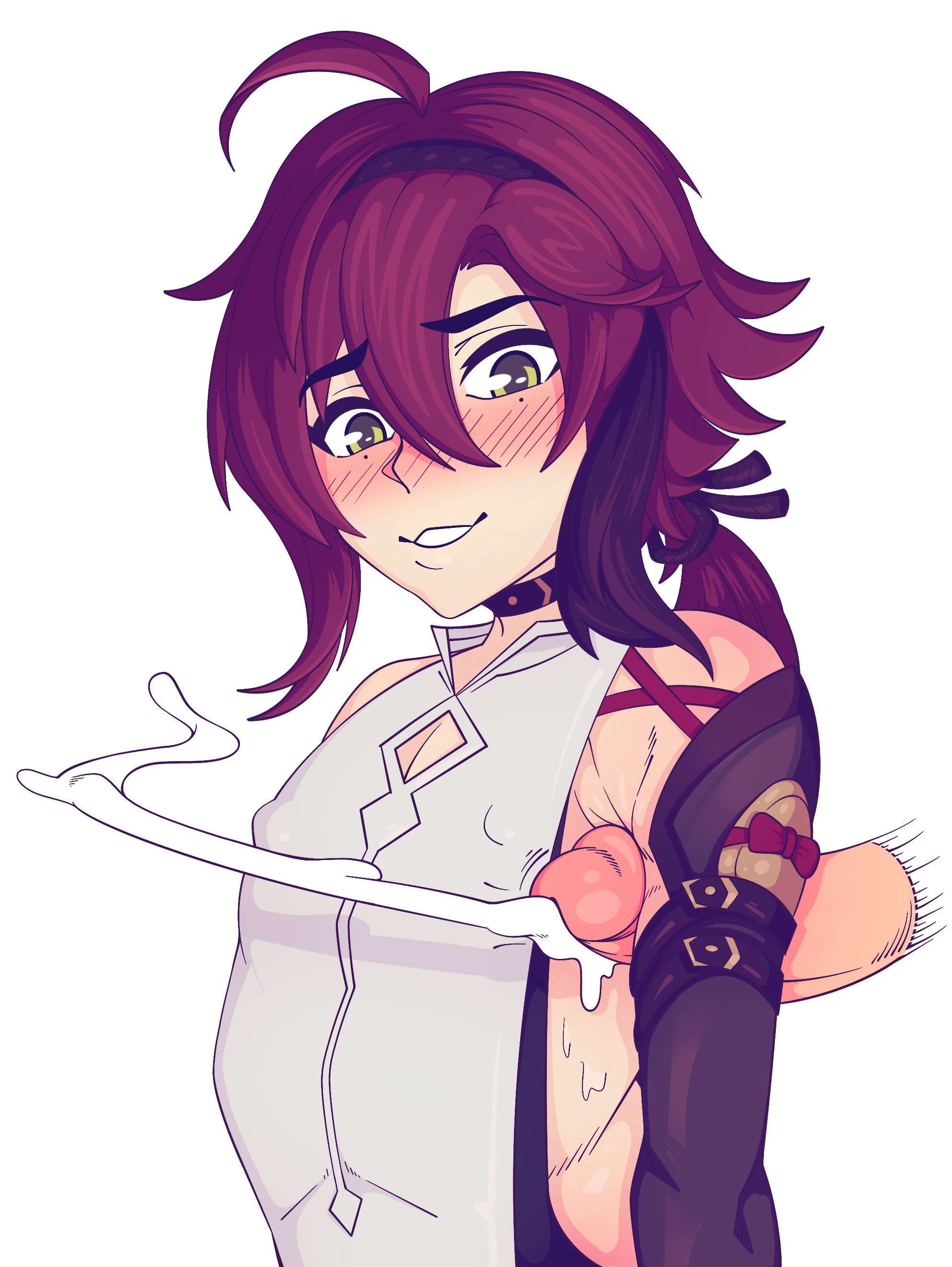 armpit fetish, armpit sex, blush, bro aniki, clothed sex, cum, disembodied penis, ejaculation, femboy, gay, genshin impact, long hair, male, male only, penis, purple hair, sex, shikanoin heizou, white background, yaoi