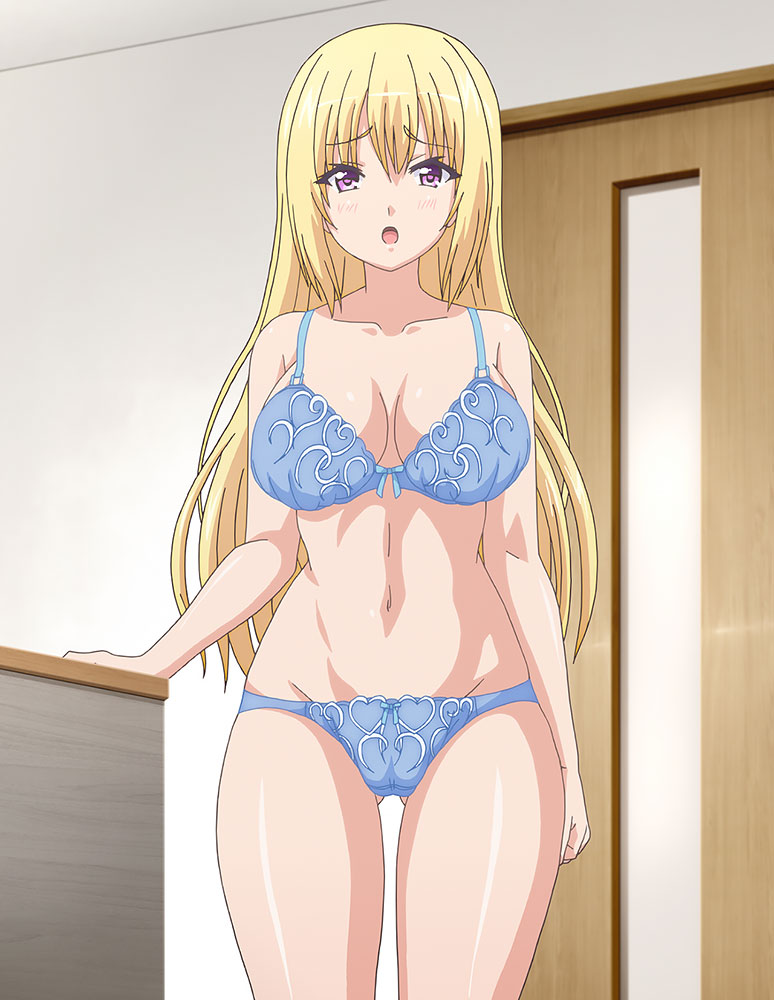 blonde_hair blue_bra blue_underwear bow bow_bra bow_panties bra clothing female female_only irokawa_tsumugi light_blue_bra light_blue_underwear long_hair navel open_mouth pantsu papa_katsu! purple_eyes screencap toned_belly toned_body toned_female underwear underwear_only