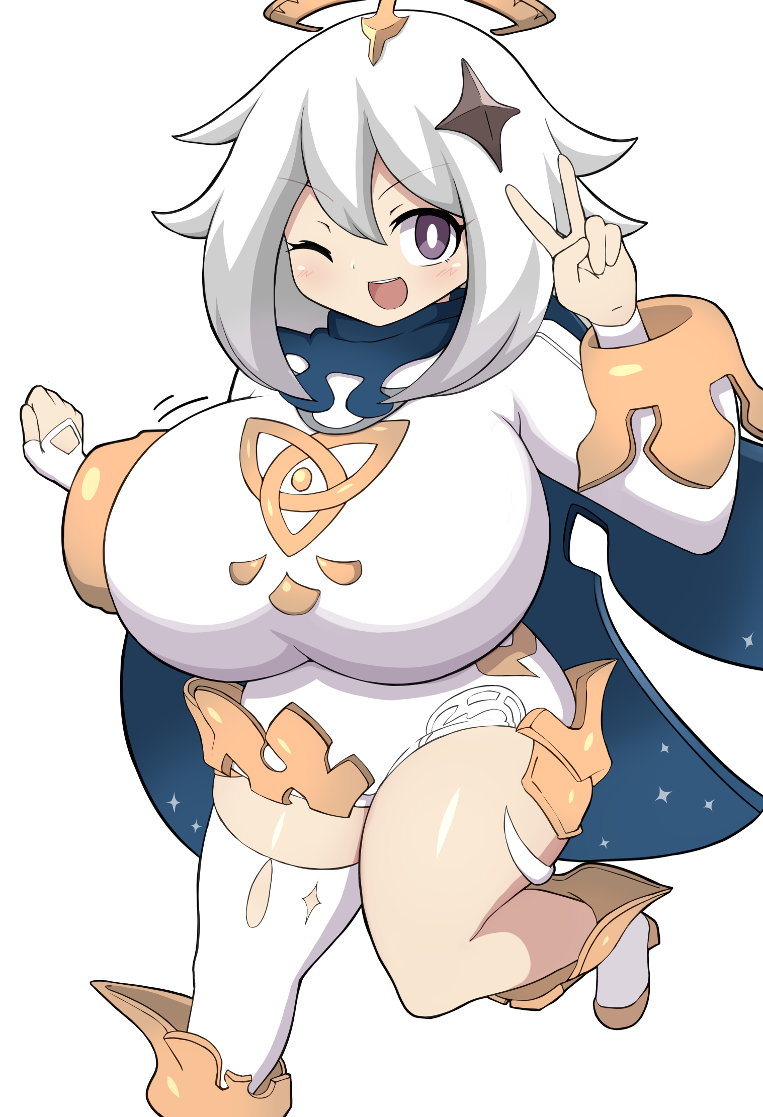 1girls, alternate breast size, big breasts, breasts, eye contact, female, female only, genshin impact, huge breasts, jaga334, looking at viewer, one eye closed, paimon (genshin impact), peace sign, short hair, shortstack, solo, thick thighs, white hair, wink