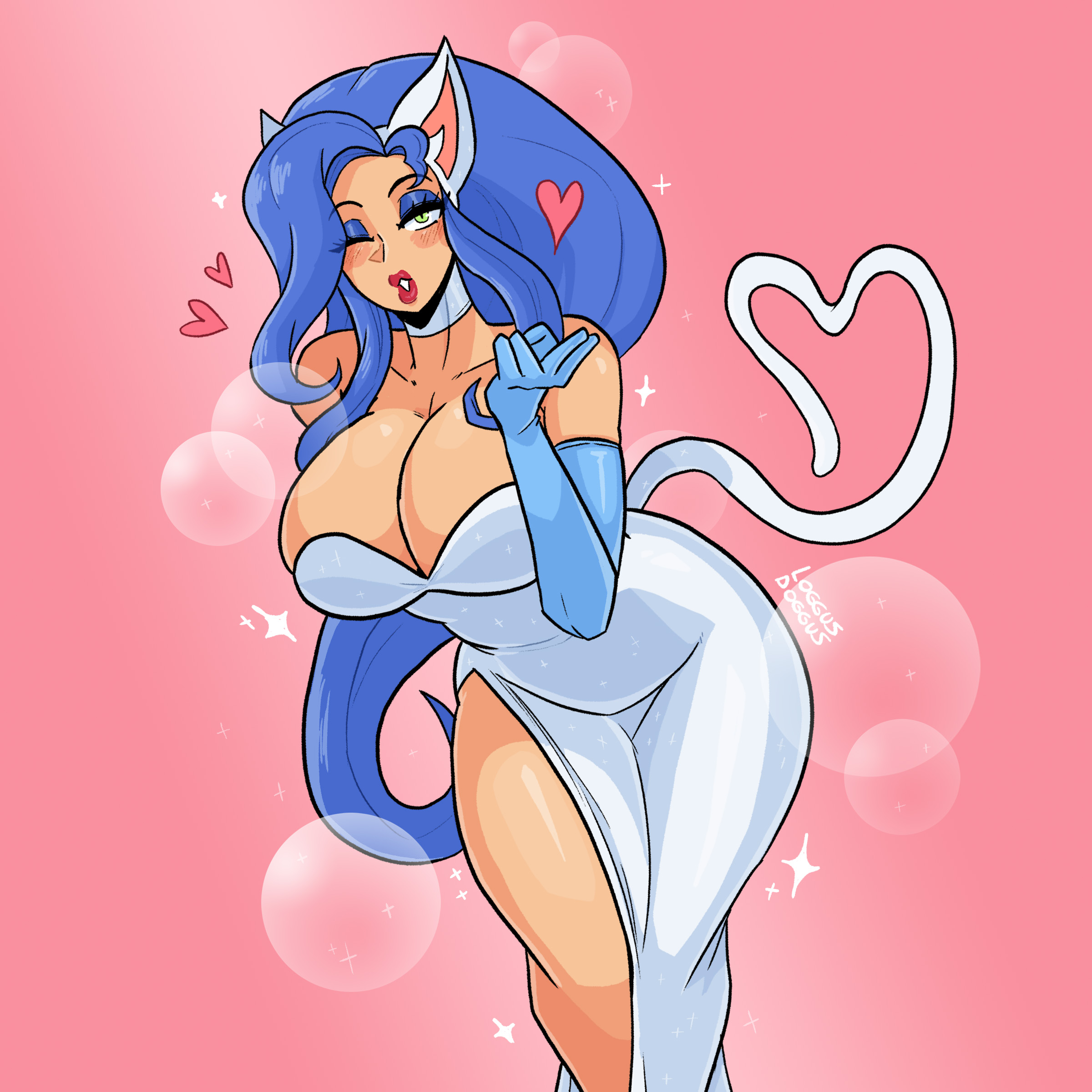 alternate costume, blowing kiss, blue hair, breasts, capcom, capcom fighting evolution, cat ears, cat girl, cat tail, catgirl, clothing, cosplay, costume, darkstalkers, dress, elbow gloves, eyeshadow, felicia, felicia (darkstalkers), female, gloves, gown, kissing, large breasts, lipstick, loggus doggus, long hair, looking at viewer, makeup, midnight bliss, one eye closed, seductive, sparkles, thick lips, thick thighs, wink