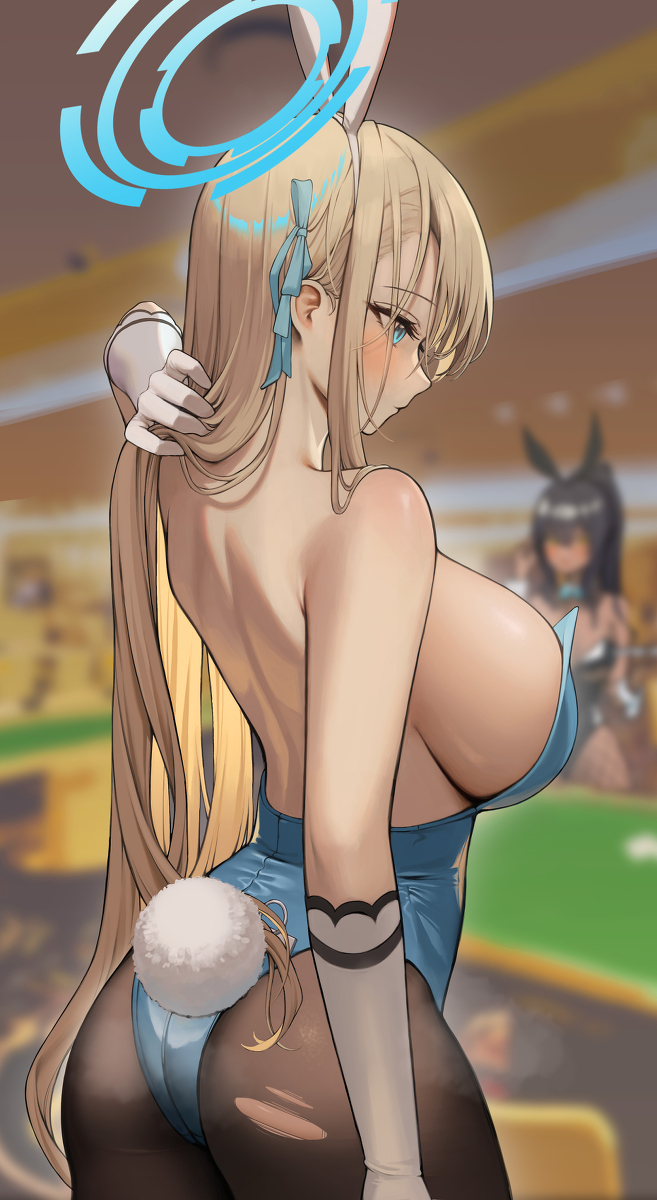 asuna_(blue_archive) asuna_(bunny)_(blue_archive) big_ass blonde_hair blue_archive blue_eyes blush bunny_ears bunny_tail bunnysuit character_in_background dongji female gloves hair_ornament halo karin_(blue_archive) karin_(bunny)_(blue_archive) leotard light-skinned_female long_hair massive_breasts millennium_science_school_student pantyhose sideboob solo_focus torn_pantyhose