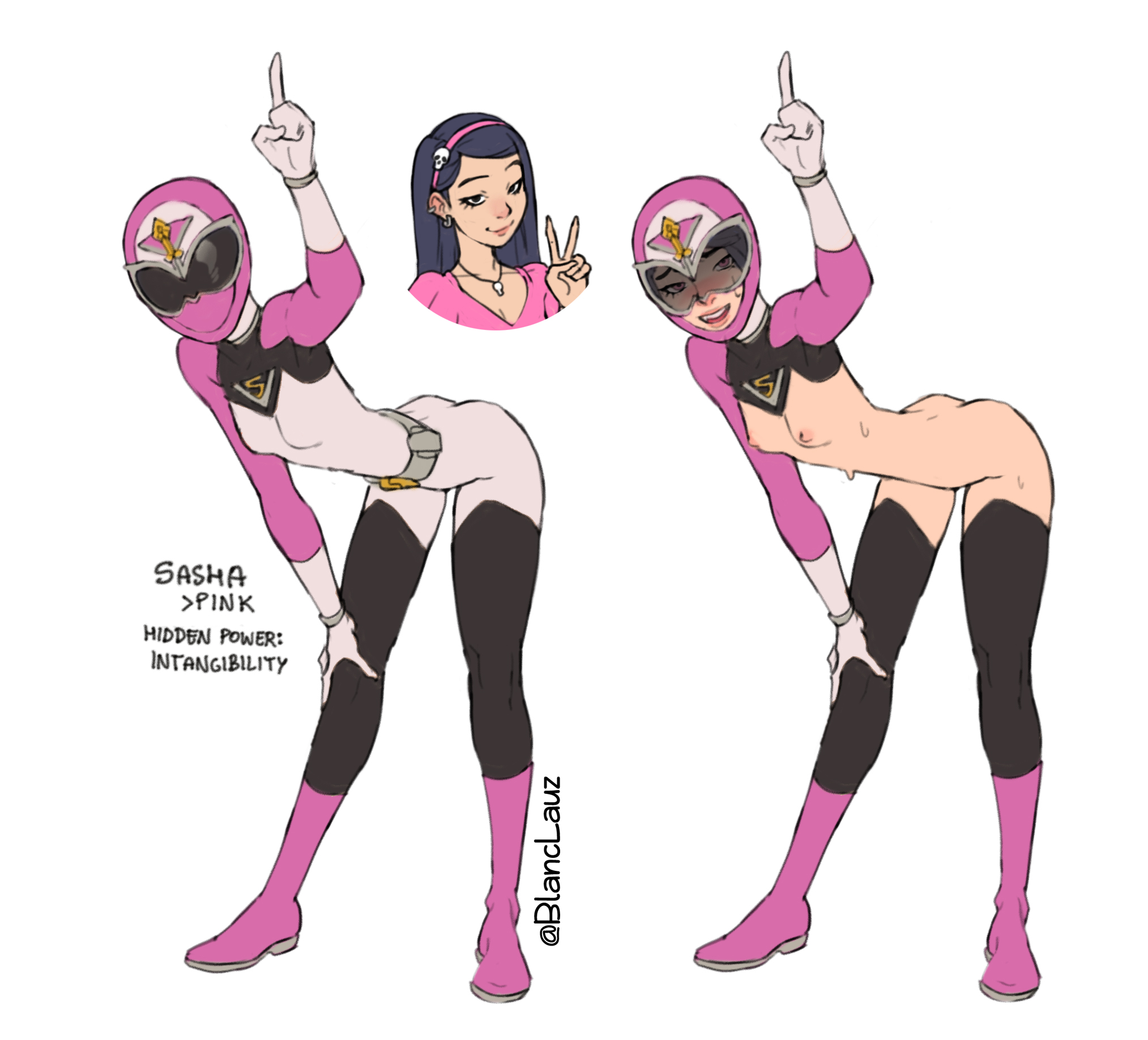 1girls, athletic, athletic female, blanclauz, bodysuit, breasts, dark hair, female, flat chest, goggles, human, leaning forward, light skin, light-skinned female, nude, pink ranger, pose, power rangers, small breasts, solo, solo female, standing