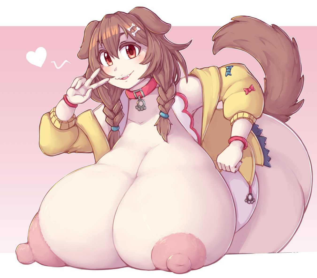 1girls, alternate breast size, animal ears, animal humanoid, animal tail, big breasts, breasts, breasts on table, breasts out, breasts out of clothes, brown eyes, brown hair, canid, canid humanoid, canine, canine humanoid, clothed female, clothing, dog ears, dog girl, dog tail, exposed breasts, female, gigantic breasts, half-dressed, hololive, hololive gamers, huge breasts, hyper breasts, inugami korone, kittenboogers, looking at viewer, mostly nude, mostly nude female, nipples, peace sign, smile, smiling, smiling at viewer, tagme, thick thighs, thighs, virtual youtuber