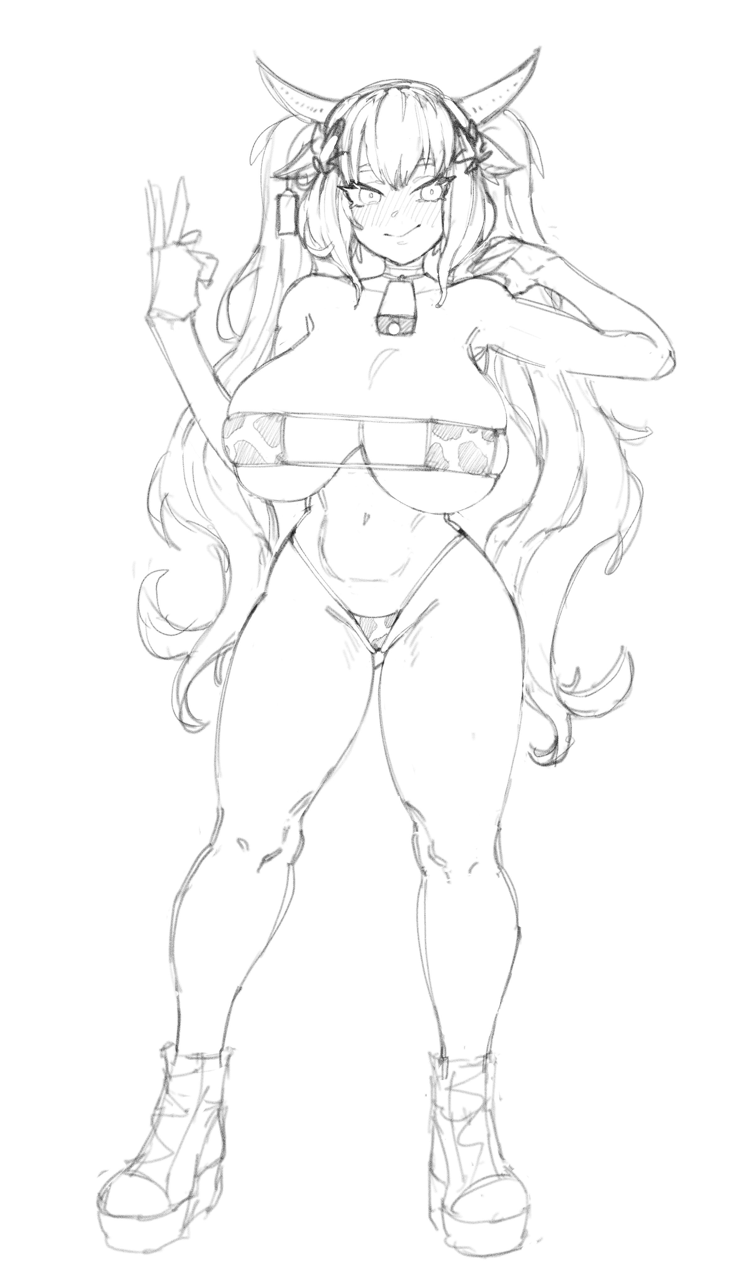 big breasts, bikini, blush, breasts, cowprint, ear tag, eyepatch bikini, female, horns, huge breasts, makinakid, micro bikini, monochrome, romolla, shoes, sketch, tagme, virtual youtuber, wreath