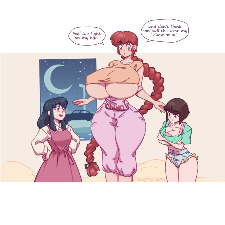 2022 3girls akane_tendo amazon big_breasts black_hair breasts breasts_bigger_than_head cleavage color female female_only giantess gigantic_breasts huge_breasts long_hair mini_giantess n647 nabiki_tendo nipple_bulge ranma-chan ranma_1/2 ranma_saotome red_hair scene_interpretation size_difference speech_bubble text thick_thighs thin_waist underboob voluptuous wide_hips