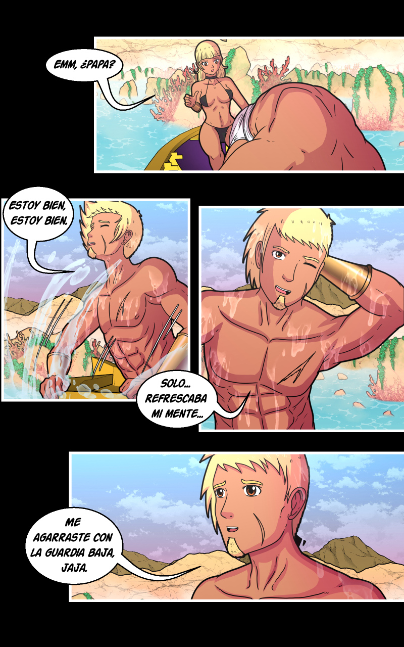 anum_grace big_breasts bikini black_bikini blonde_hair boat brown_eyes comic comic_page daughter father father_and_daughter holland_earth_stories_(series) implied_vomiting ivy_grace lake muscular_male oasis_girl sabino_69_stories scar spanish_text throwing_up vomiting water