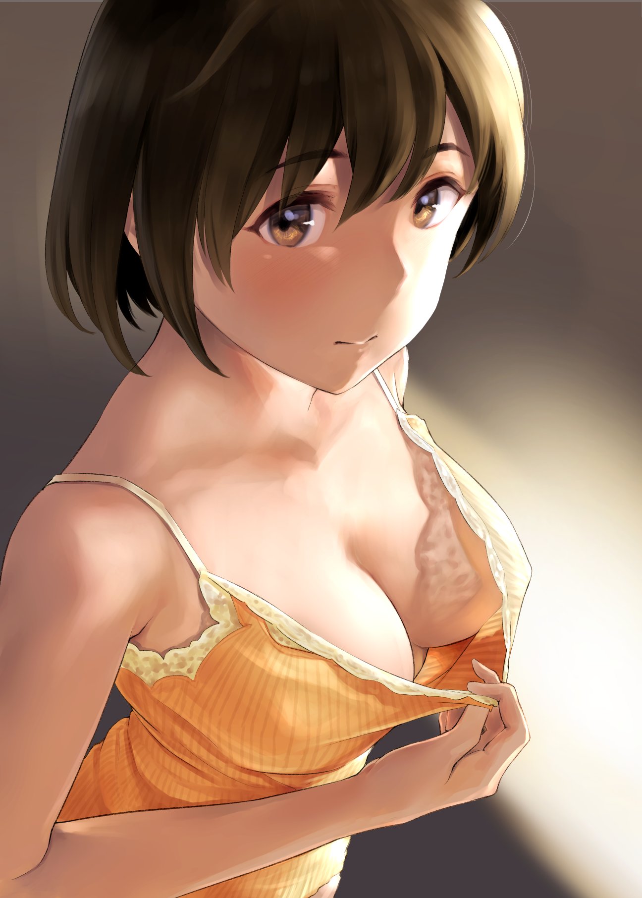 1girls breasts brown_hair camisole cleavage cleavage_pull downblouse female female_only hiryuu_(kantai_collection) kantai_collection looking_at_viewer medium_breasts no_bra presenting_cleavage shirt_pull short_hair solo teasing wa_(genryusui)