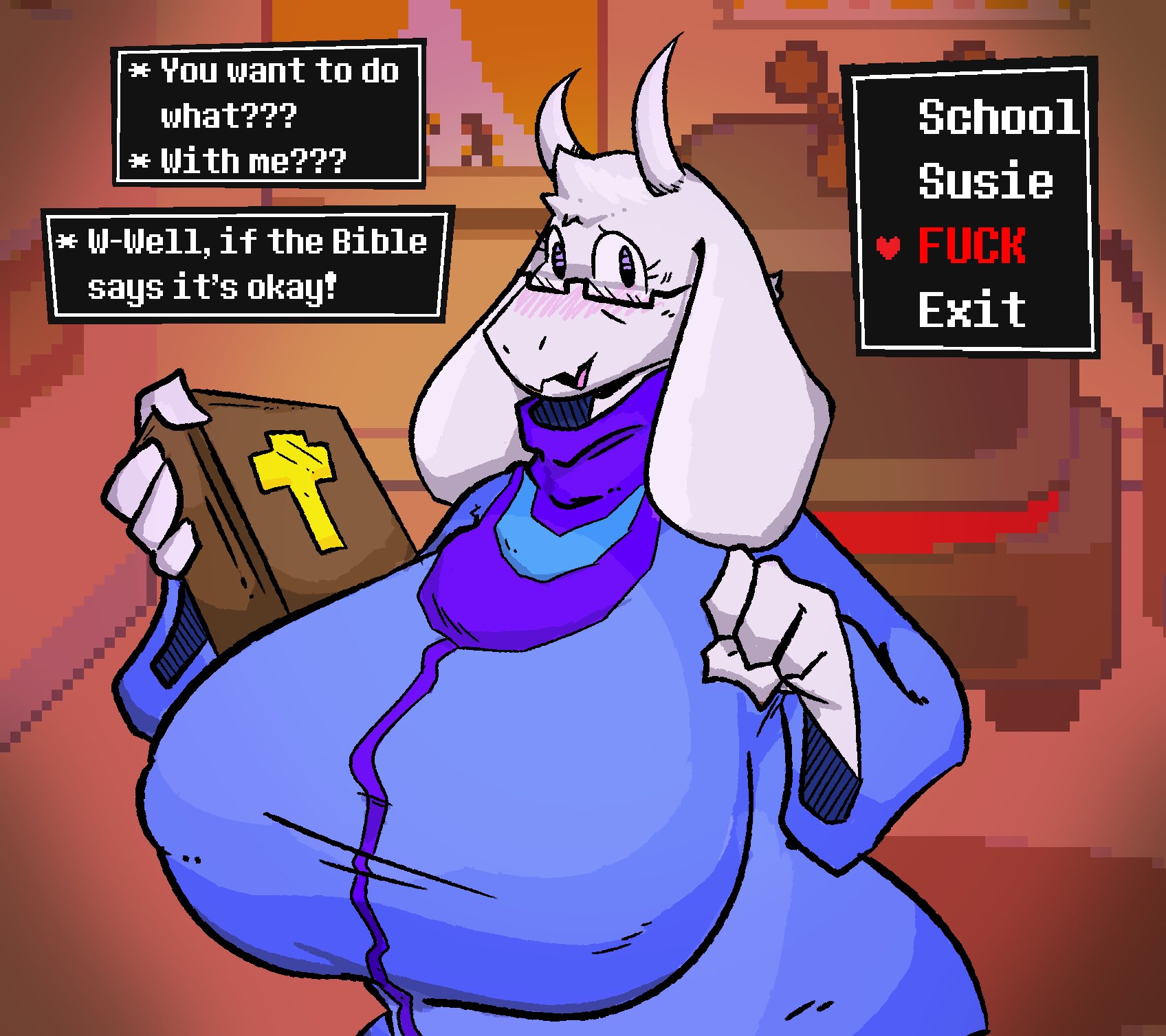 anthro, bible (object), big breasts, blush, book, boss monster, bovid, breasts, caprine, clothed, clothing, deltarune, dialogue, english text, exclamation point, eyewear, female, floppy ears, glasses, goat, hi res, holding book, holding object, horn, huge breasts, large breasts, looking at viewer, mammal, milf, nipple outline, profanity, qoolguyart, question mark, solo, straight hair, sweater, television, text, topwear, toriel, undertale (series), video games, white body