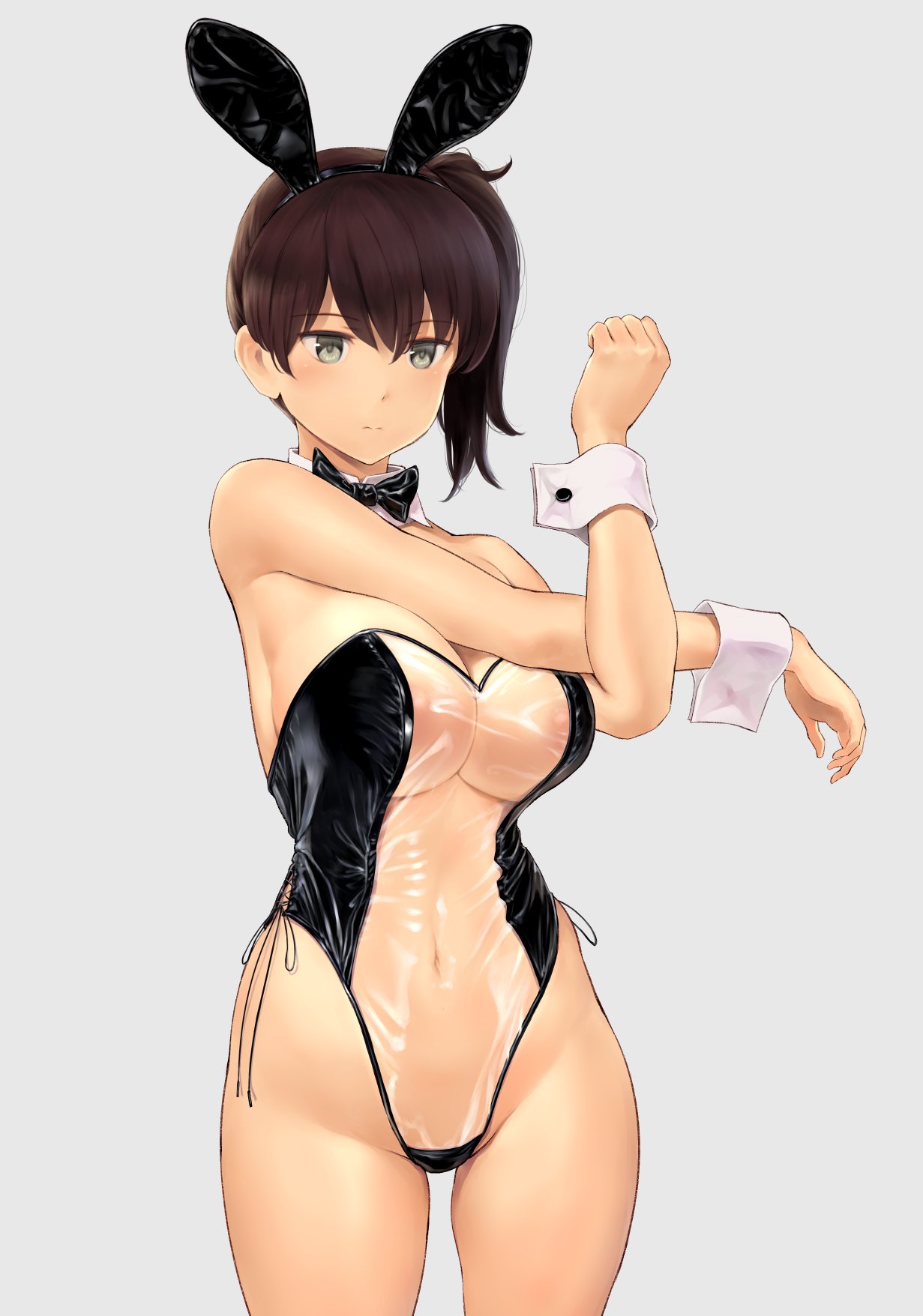 1girls, areolae, breasts, bunny ears, bunnysuit, female, female only, fully clothed, grey background, gris swimsuit, kaga (kantai collection), kantai collection, large breasts, meme attire, one-piece swimsuit, revealing clothes, see-through, skimpy clothes, solo, tight clothing, transparent bunnysuit, wa (genryusui)