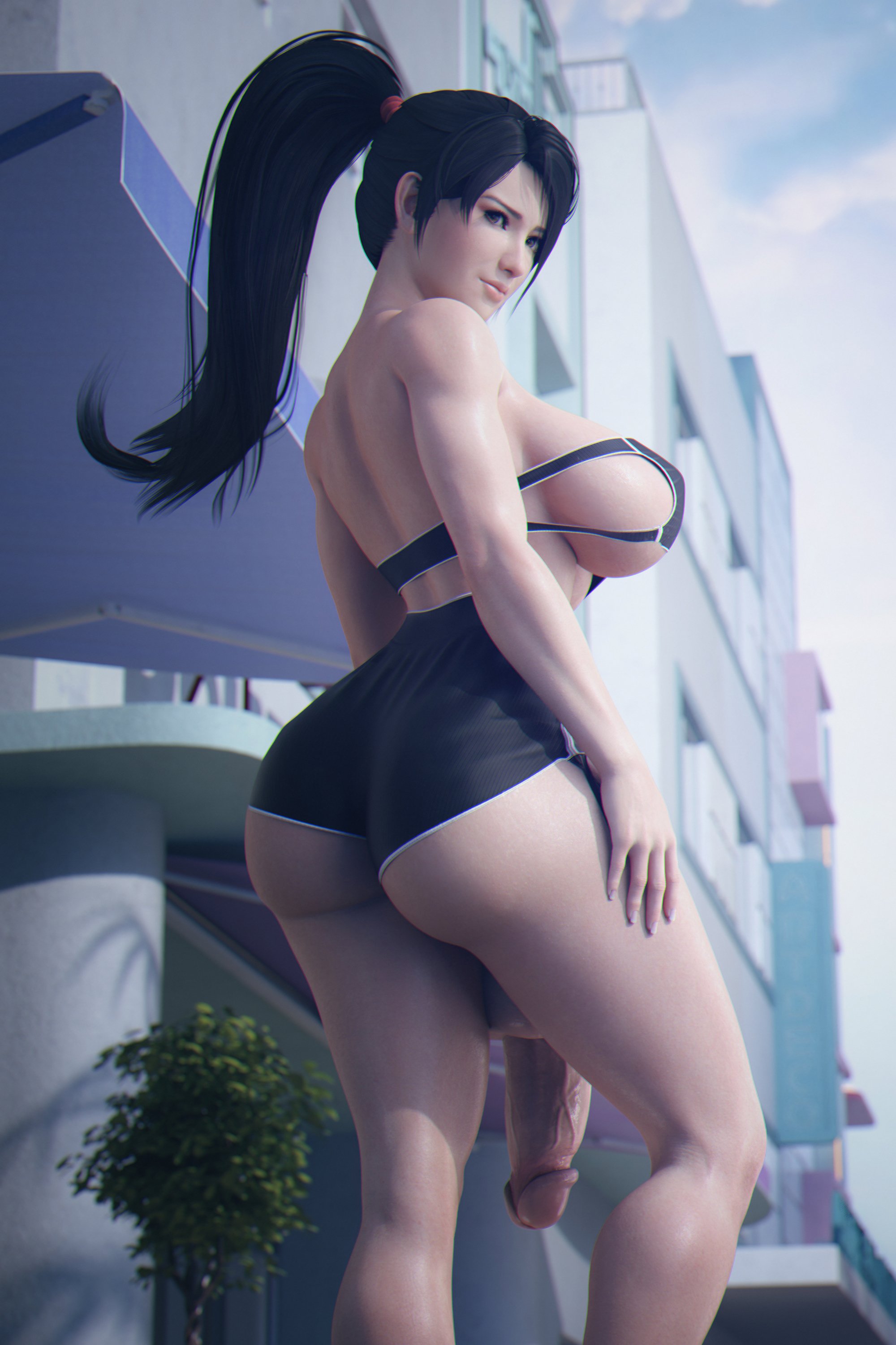 1futa, 3d, ass, ass hanging out of shorts, big ass, breasts, casual exposure, casual nudity, dead or alive, futa only, futanari, huge breasts, huge cock, ineffective clothing, intersex, momiji (ninja gaiden), ninja gaiden, penis, solo, stevencarson