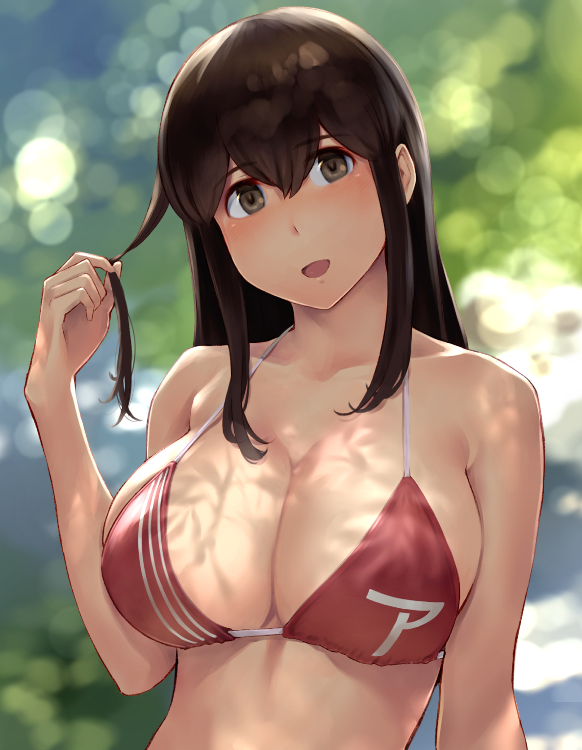 1girls, akagi (kantai collection), bikini, breasts, brown hair, cleavage, female, kantai collection, large breasts, long hair, looking at viewer, outdoors, portrait, shadow, smile, smiling, smiling at viewer, string bikini, wa (genryusui)