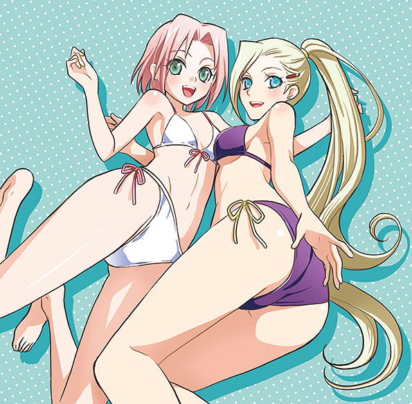 :d, 2girls, ass, bikini, blonde hair, blue eyes, female, female only, fully clothed, green eyes, hair ornament, hairclip, ino yamanaka, long hair, looking at viewer, midriff, multiple females, multiple girls, nanji3, naruto, naruto (series), naruto shippuden, open mouth, pink hair, ponytail, sakura haruno, side-tie bikini, smile, swimsuit, very long hair