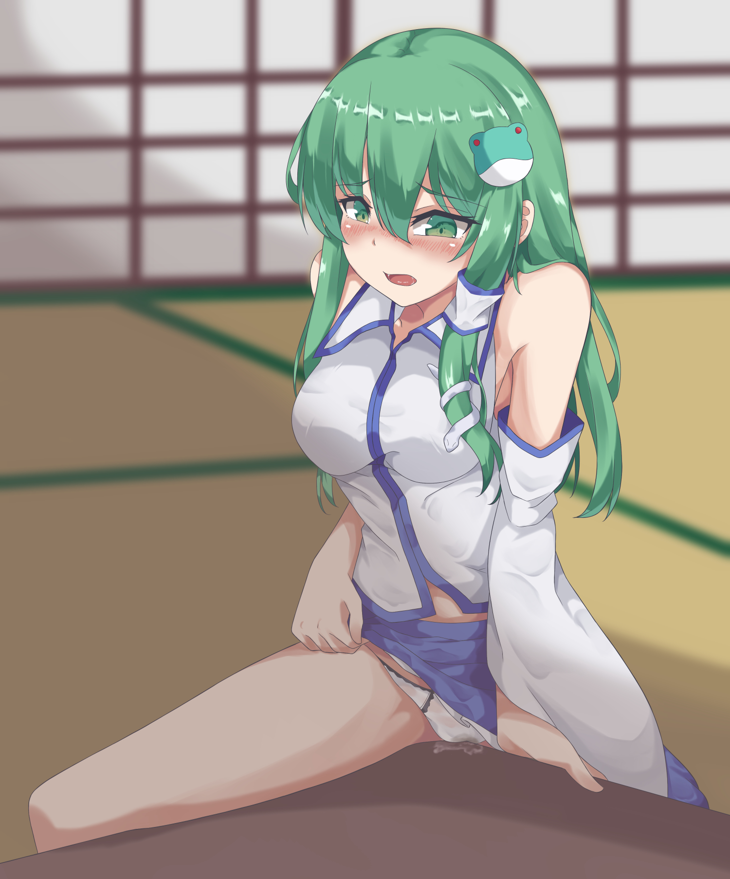 1girls, 2020, blush, cameltoe, corner masturbation, crotch rub, detached sleeves, female, green eyes, green hair, hair ornament, long hair, masturbation, one leg up, panties, pussy, pussy juice, sanae kochiya, skirt, skirt lift, table humping, tagme, thighs, touhou, velox s, wet panties, white panties