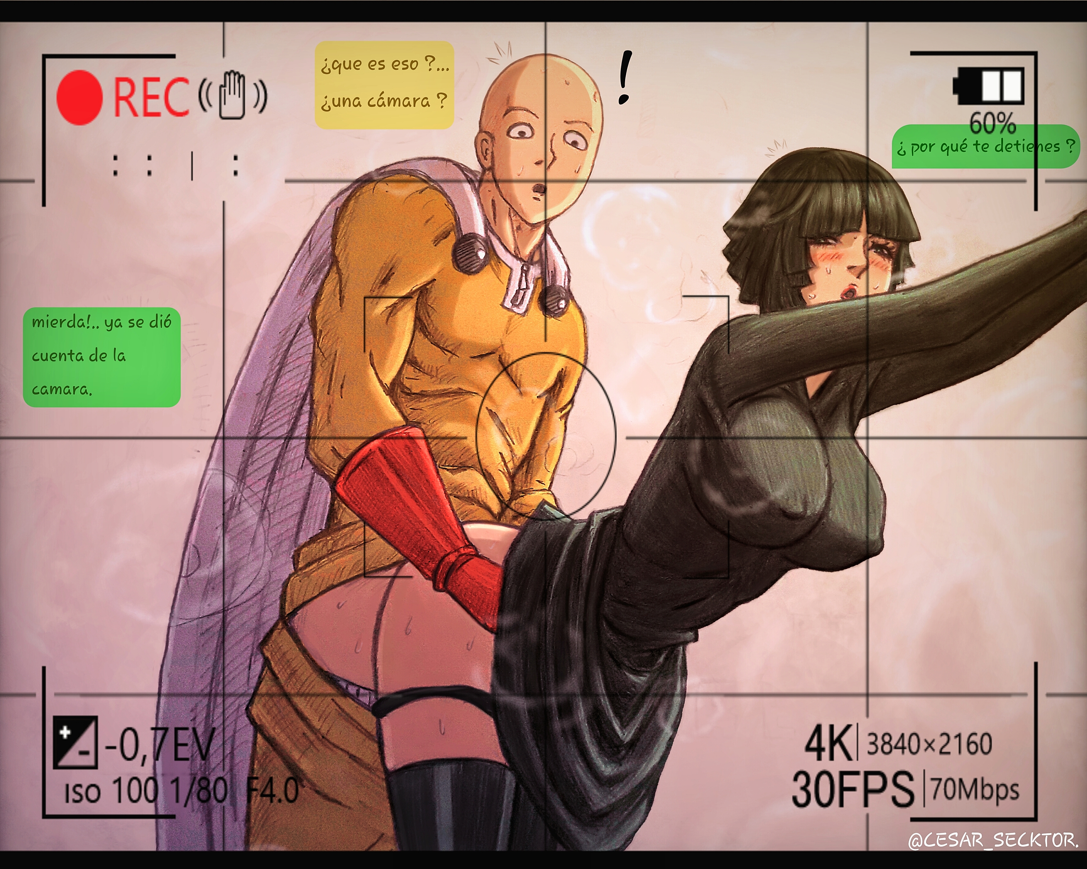 1boy, 1girls, against surface, against wall, arms up, ass, bald, big ass, big breasts, big butt, blush, bob cut, boots, breasts, breath, camera, camera view, caught, caught in the act, cesar secktor, clothed, clothed sex, clothing, covered navel, covered nipples, curvaceous, curvy, curvy female, curvy figure, dark green hair, dark hair, dialogue, doggy style, dress, dress lift, dress pull, female, female penetrated, filming, fit, fit female, fit male, from behind, from behind position, front view, fubuki (one-punch man), green eyes, green hair, heroine, hips, hips grab, implied anal, implied penetration, implied sex, implied vaginal, large breasts, light skin, light-skinned female, light-skinned male, lips, lipstick, looking at viewer, male, male penetrating, male penetrating female, male/female, medium hair, muscle tone, muscles, muscular, muscular male, nipple bulge, one-punch man, open mouth, panties, panties down, pants, pants down, penetration, pussy, recording, saitama, sex, sex under dress, shocked, shocked expression, short hair, slim, slim waist, spanish text, suit, surprised, thick, thick ass, thick thighs, thin waist, tight clothing, toned, toned male, underwear, voluptuous, waist, waist grab, wide hips